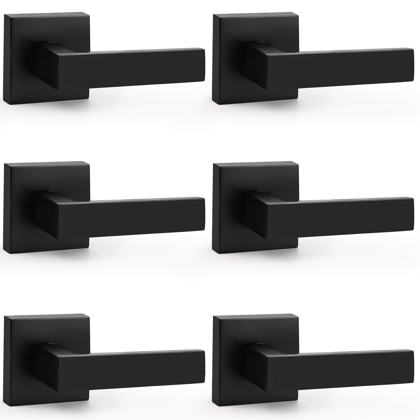 Probrico Matte Black Half Dummy Levers, Square Non-Turning Door Knobs for Left or Right Handed Doors, Interior Keyless Door Handle for Closet or Pantry (6 Pack, Single Side)