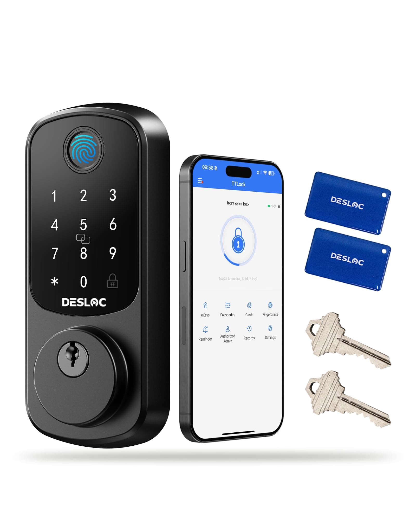 DESLOC B200 Fingerprint Smart Lock with Keypad, App Control, Auto Lock | Fingerprint unlock, Bluetooth app control, auto lock, BHMA Grade 3 security, easy DIY installation.