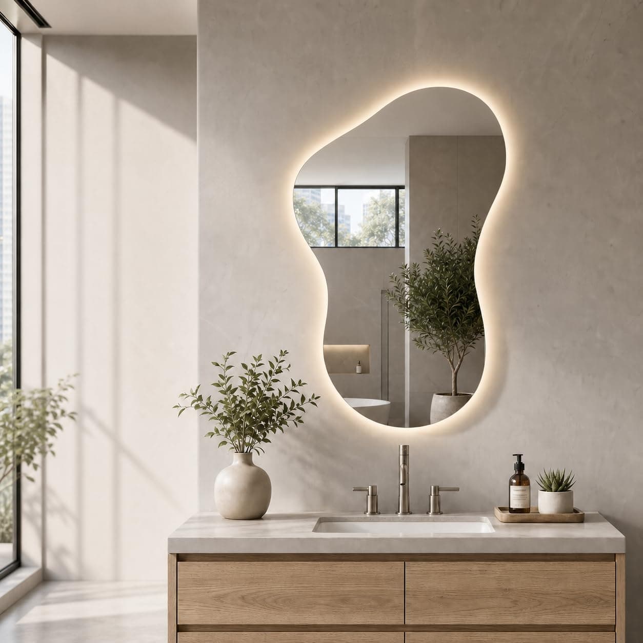 Irregular Led Bathroom Mirror with Lights 23x36 Inch, Backlit Asymmetrical Led Bathroom Mirror for Wall, Lighted Vanity Mirror with Lights, Anti-Fog, Dimmable 3 Colors, Shatter-Resistant