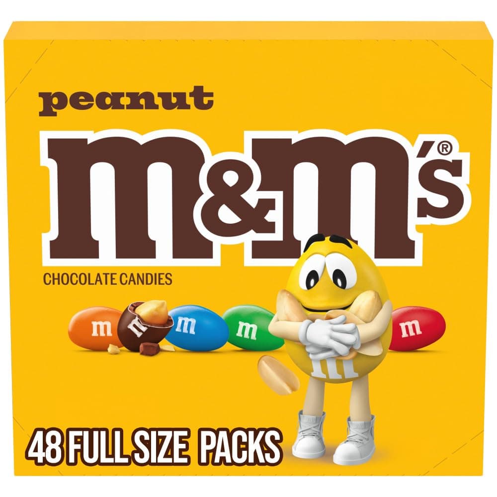 M&M'S Peanut Chocolate Candy, Full Size Candy 1.74 oz Bag, Bulk Pack of 48 | Roasted Peanuts with Real Milk Chocolate and a Colorful Candy Shell, Individually Wrapped Bags for Parties, Baking and Events