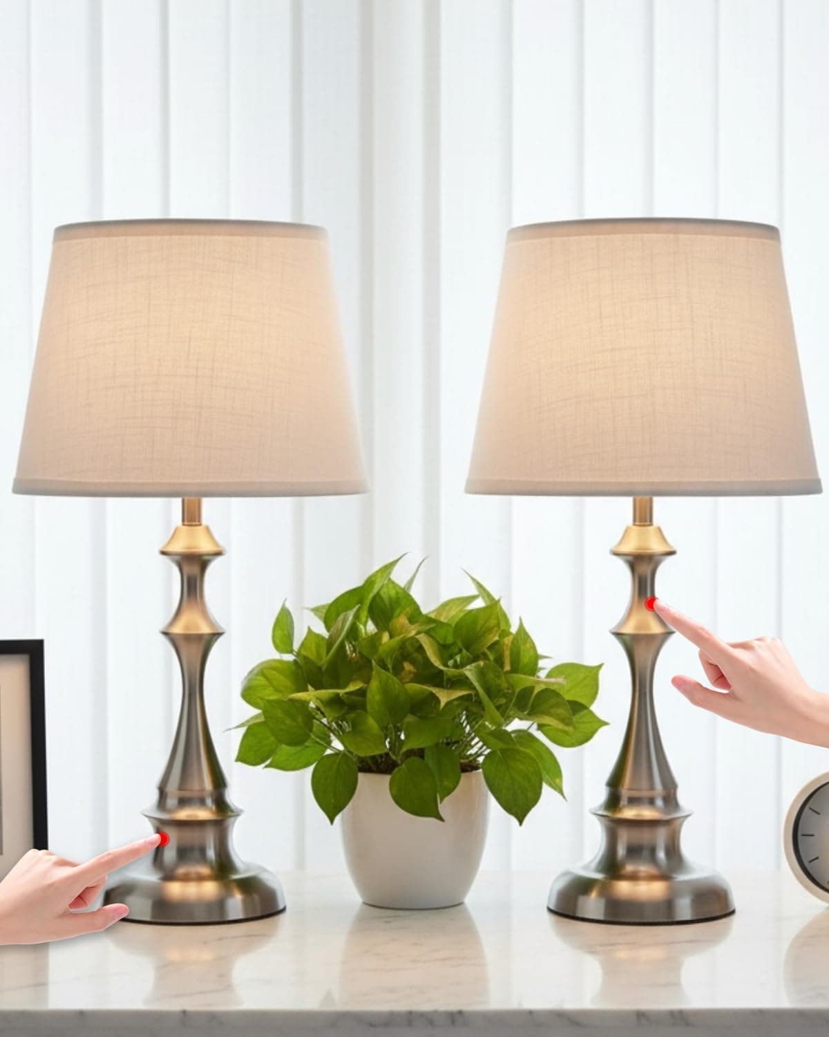 Touch Table Lamps Set of 2, 20.47" Rustic Bedside Lamps for Night Stand | Silver Brushed Nickel Metal, White Linen Shade, Farmhouse Nightstand Light for Bedroom, Living Room End Table, Entryway
