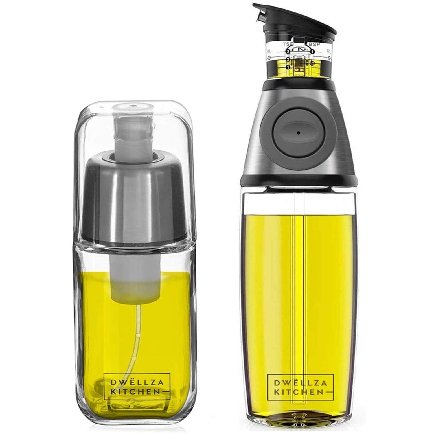 DWËLLZA KITCHEN Olive Oil Dispenser Bottle For Kitchen Set 6 oz Sprayer For Cooking and Glass 17 Oz. Cooking Pour Dispenser With Measurements for Cooking, Airfryer, Salad & BBQ