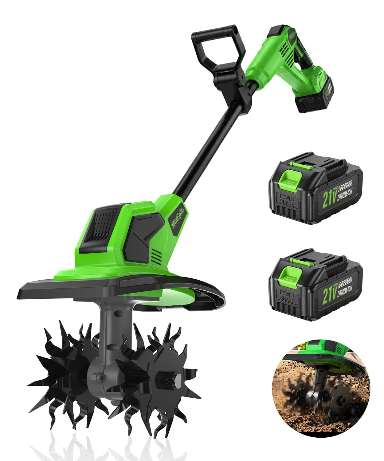 MiaEpic Cordless Tiller Cultivator, 360 RPM Tiller for Gardening with 2 x 21V 4.0Ah Batteries & Charger, 48 Steel Tines, 9” Tilling Width & 7” Depth for Lawn, Garden & Soil Cultivation