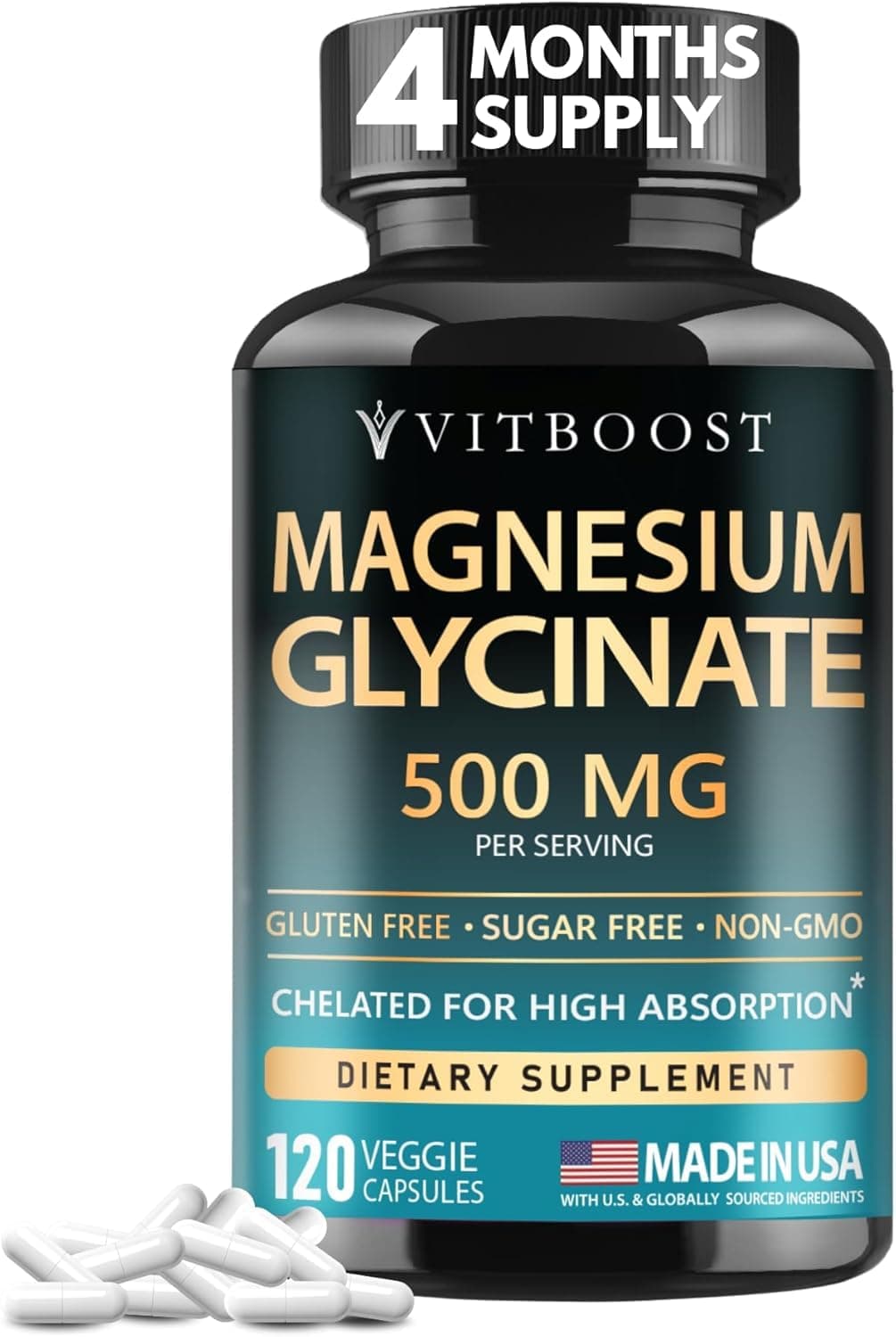 VITBOOST Magnesium Glycinate 500mg - Support Sleep 120 Veggie Capsules | Stress Support High Absorption Chelated Supplement - Non-GMO, 3rd Party Tested - Made in USA