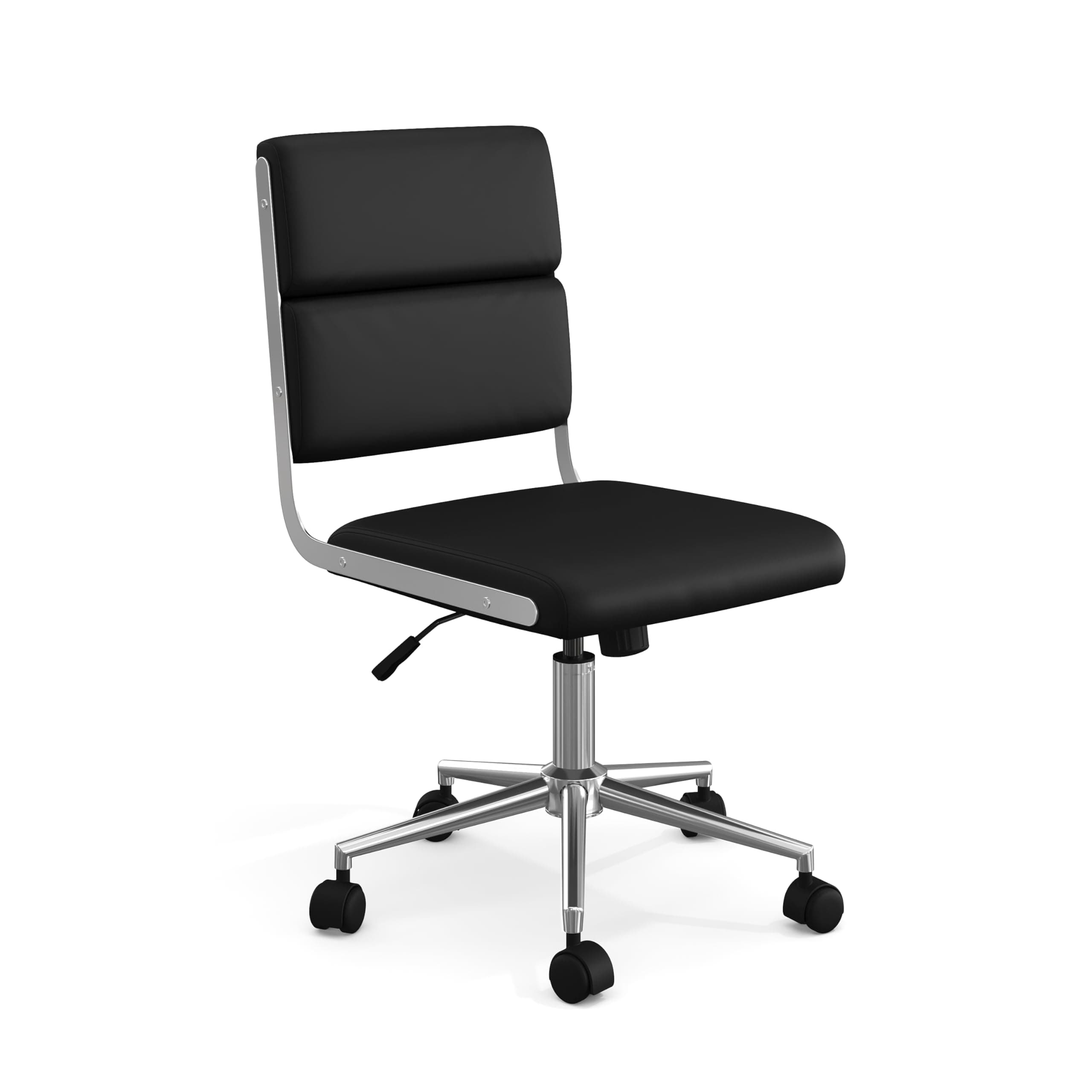 Martha Stewart Lulu Upholstered Office Chair, Black | Armless Design, Faux Leather Upholstery, Polished Nickel Frame, 360° Swivel, Pneumatic Seat Height Adjustment