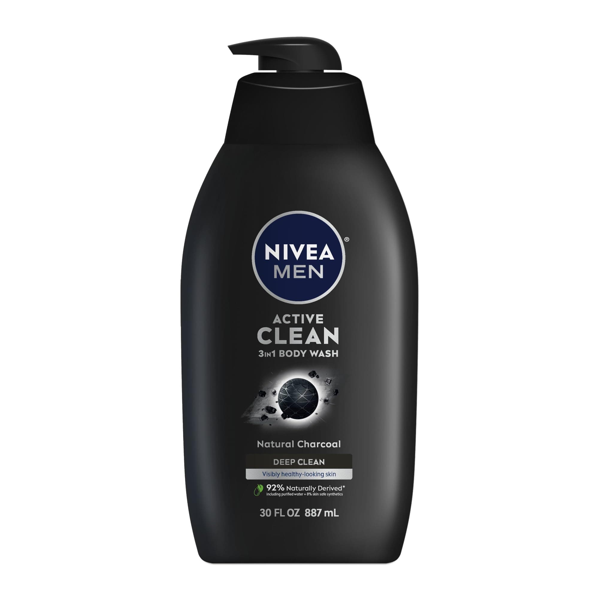 NIVEA MEN Active Clean 3-in-1 Body Wash with Natural Charcoal, 30 FL OZ | 3-in-1 Face, Hair and Body Wash for Men with Normal to Oily Skin, Natural Charcoal, Draws Out Dirt and Impurities