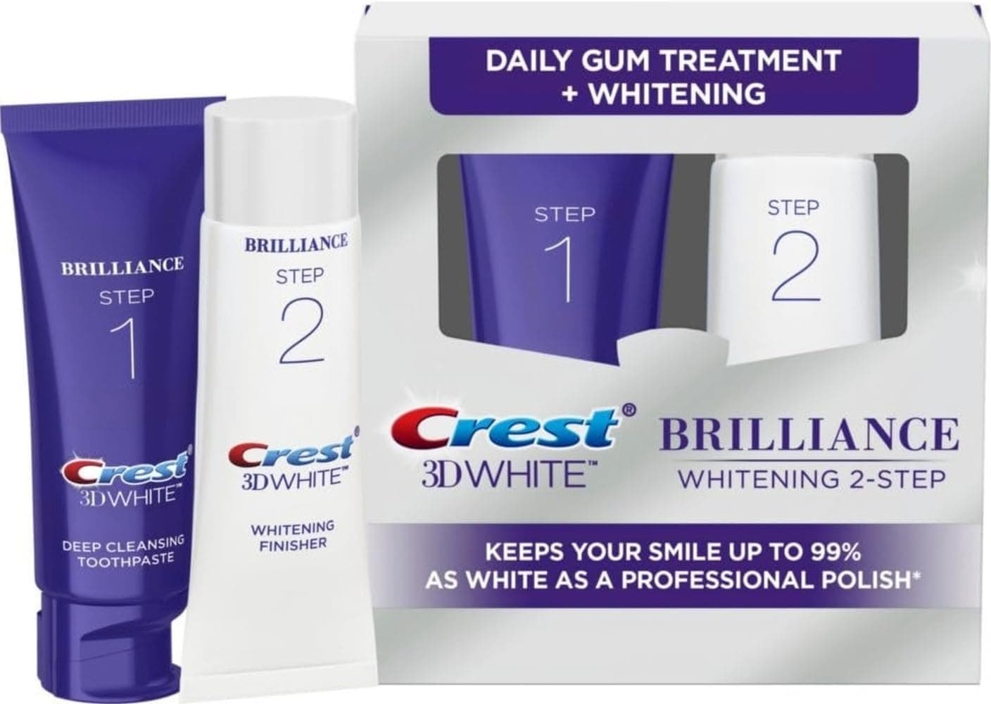 Crest 3D White Brilliance 2 Step Kit, Crest 3D White Toothpaste, Deep Clean Toothpaste (4oz) + Teeth Whitening Gel (2.3oz)