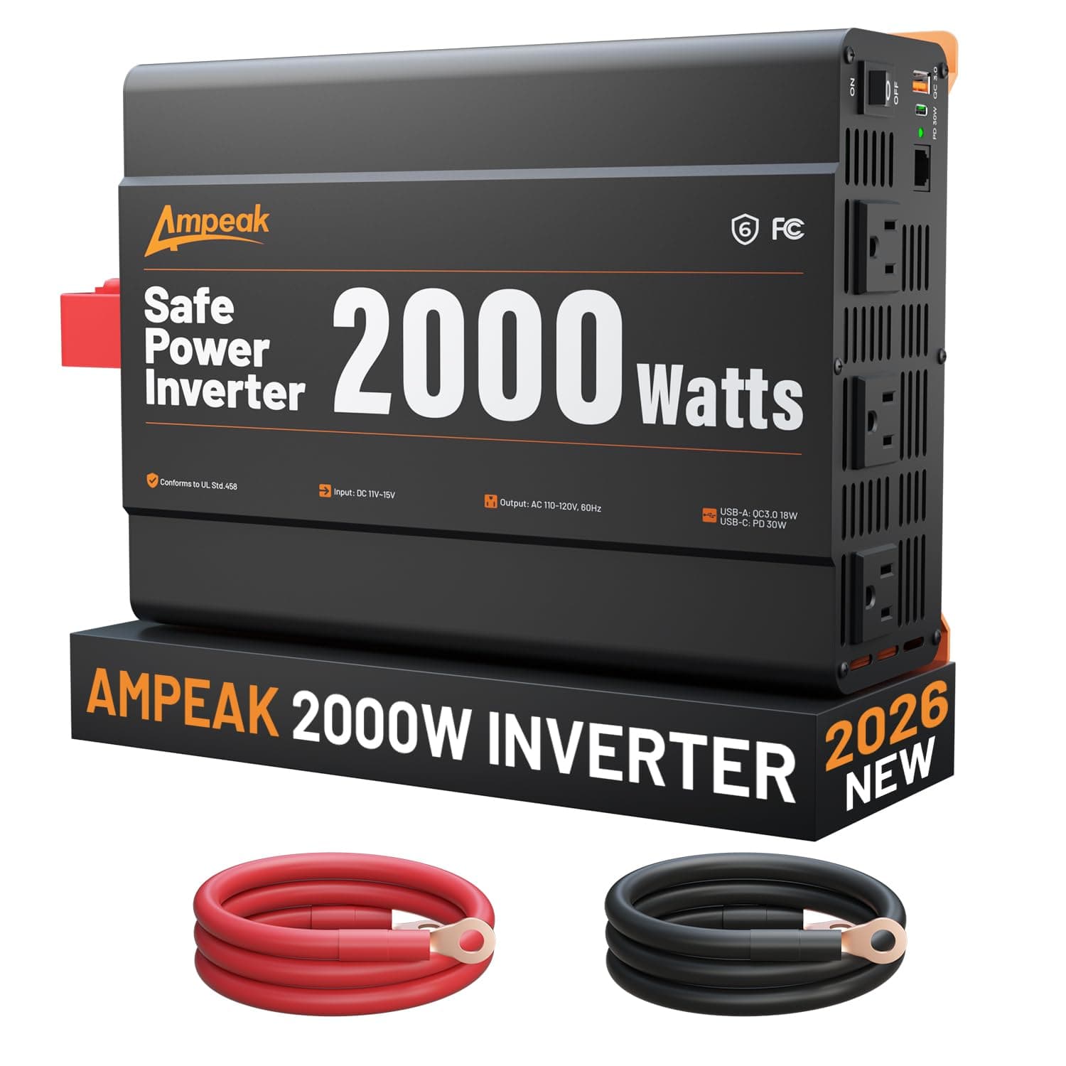 Ampeak 2000W Power Inverter 12V DC to 110V AC, 89% Efficiency | 4000W Surge Peak, 3 AC Outlets, 18W QC + 30W PD USB, Silent Fan, for Car Truck RV Camping