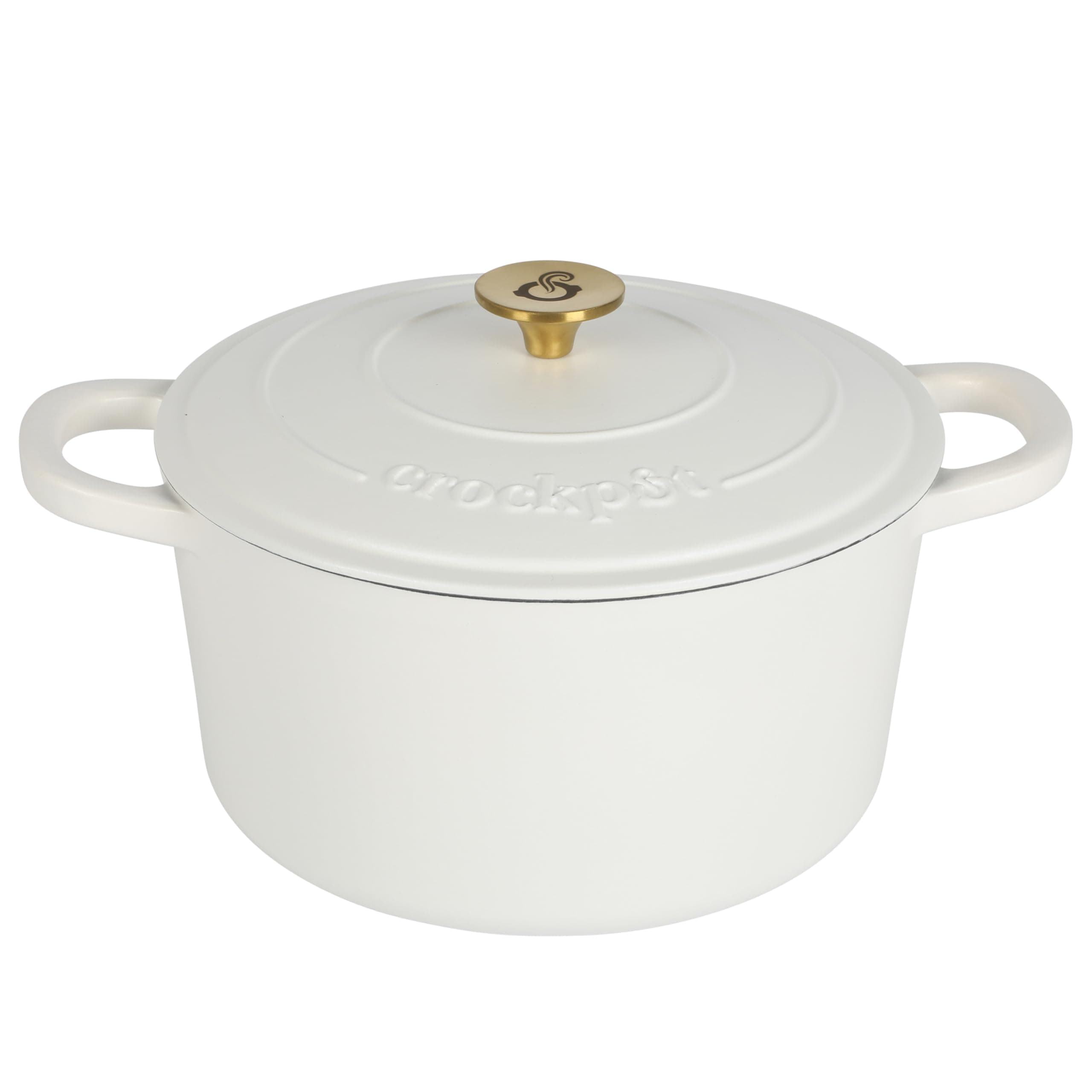 Crock-Pot Artisan 7-Quart Round Dutch Oven – Matte Linen White with Gold Knob, Enameled Cast Iron Cookware