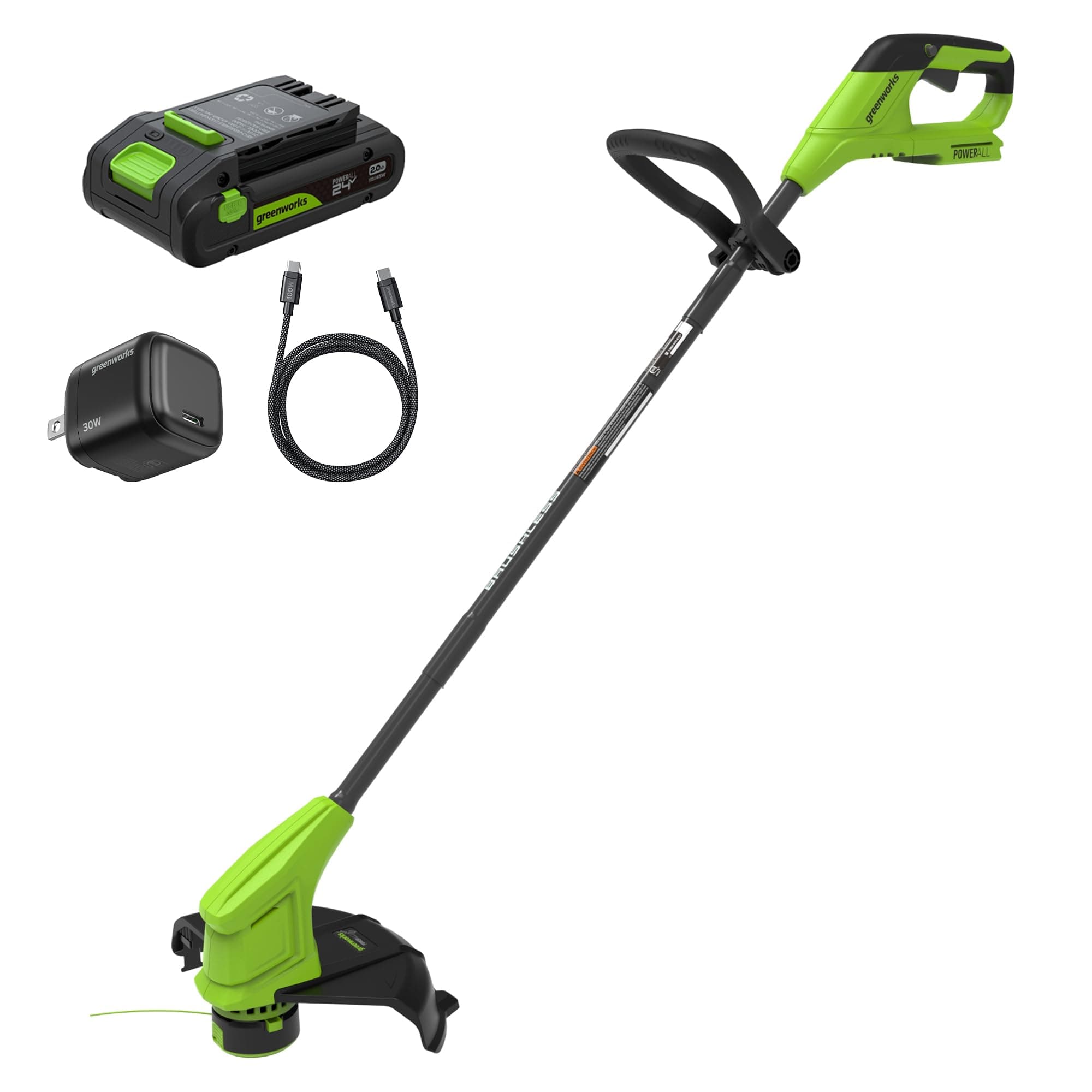 Greenworks 24V 12 in Cordless String Trimmer, 2.0 Ah Battery and Charger | Brushless Weed Wacker, Auto Feed, 3-Piece Shaft, 4.08lbs Ultra Lightweight, USB-C Charger, for Grass & Light Weeds Trimming