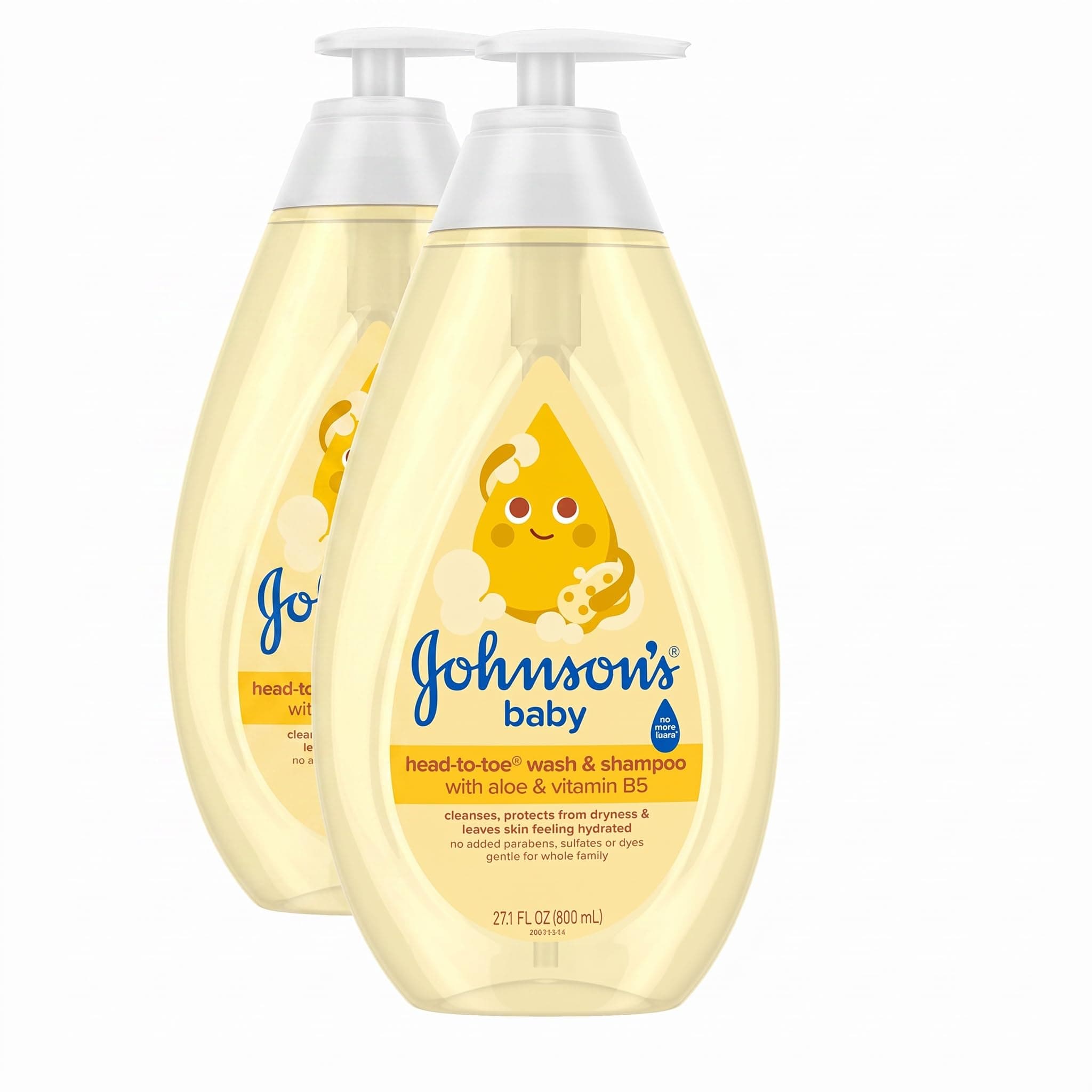 Johnson's Baby Head-To-Toe Baby Wash&Shampoo + Aloe&Vitamin B5, 2-in-1 Bath Wash Gently Cleanses Newborn's Delicate Skin&Hair,Hypoallergenic,No Added Parabens,Dyes-&Sulfates, 27.1 fl. Oz (Pack of 2)