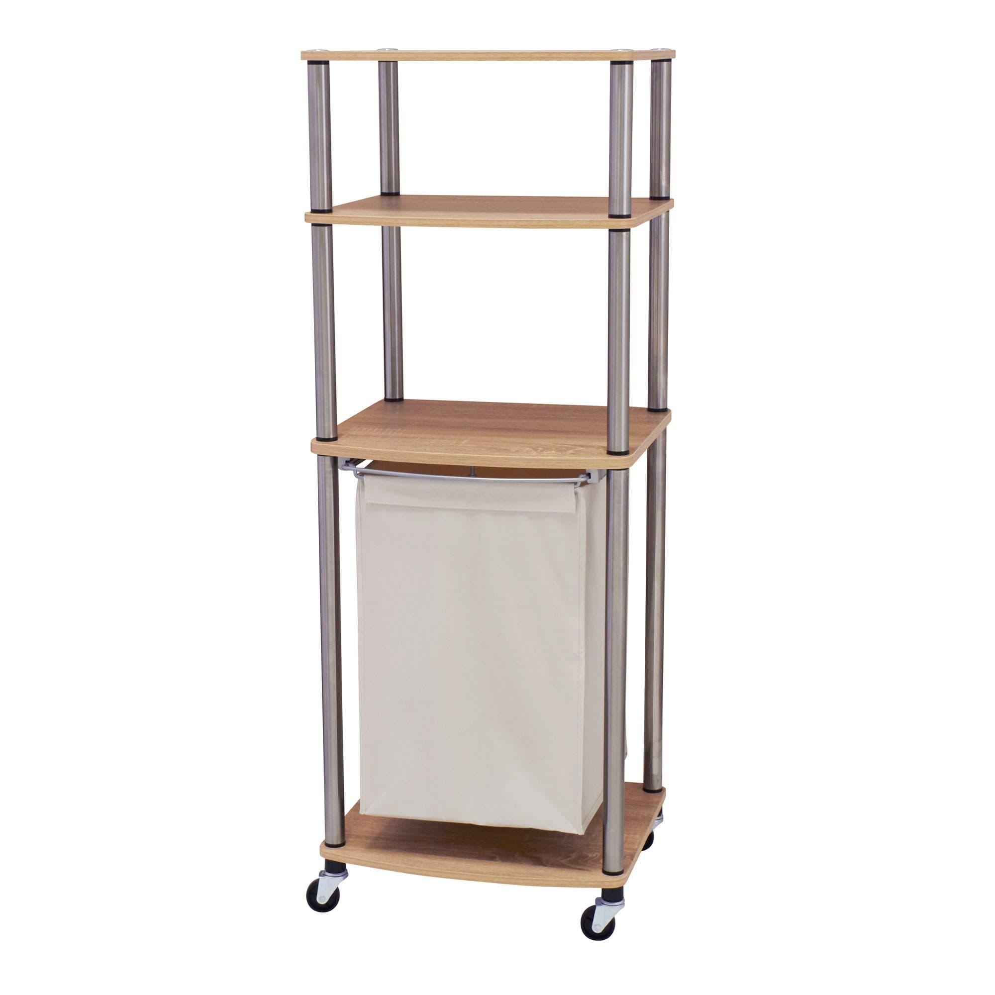 Household Essentials Laundry Hamper Storage Cart with Woodgrain Laminate, Rolling Frame and Shelves, Light Ash