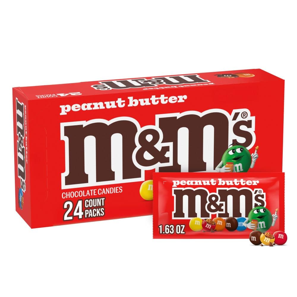 M&M'S Peanut Butter Chocolate Candy Snacks, Bulk Candy, 1.63-Oz, 24-Ct Box | Individually Wrapped Candy of peanut butter chocolate snacks, bulk candy box, for on-the-go sweet snack time, movie night