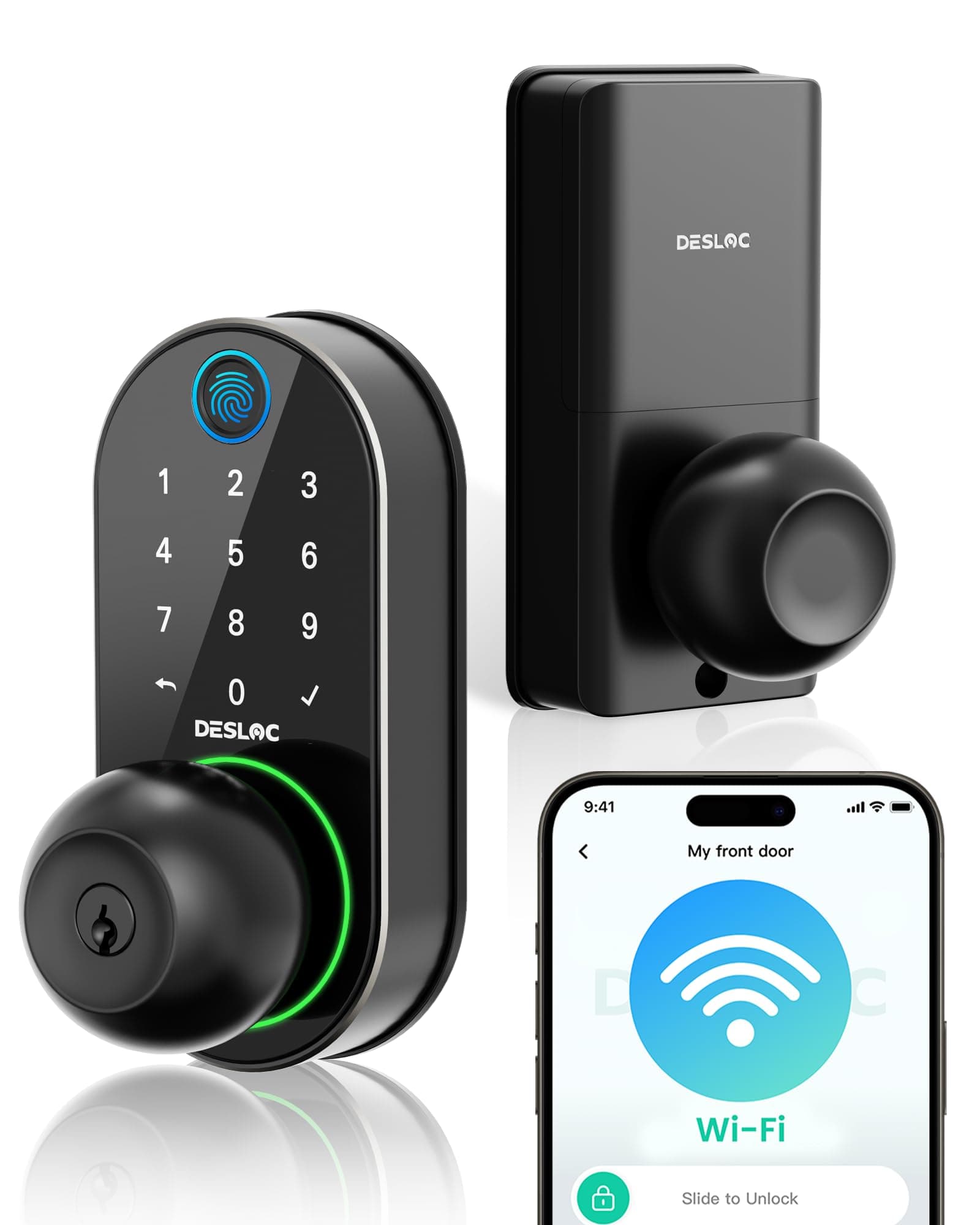 DESLOC D212 Fingerprint Door Knob Lock, Built in WiFi, 8-Month Battery | Easy Install, App Control, Auto Lock, works with Alexa Google Assistant, Keyless Entry Handle for Front door, Black