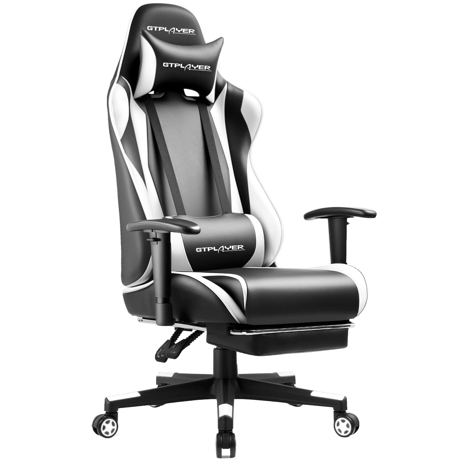 GTPLAYER Gaming Chair with Footrest, Ergonomic Computer Game Desk Chair, Reclining Gamer Chair Seat Height Adjustment, Swivel Rocker with Headrest and Lumbar (White)