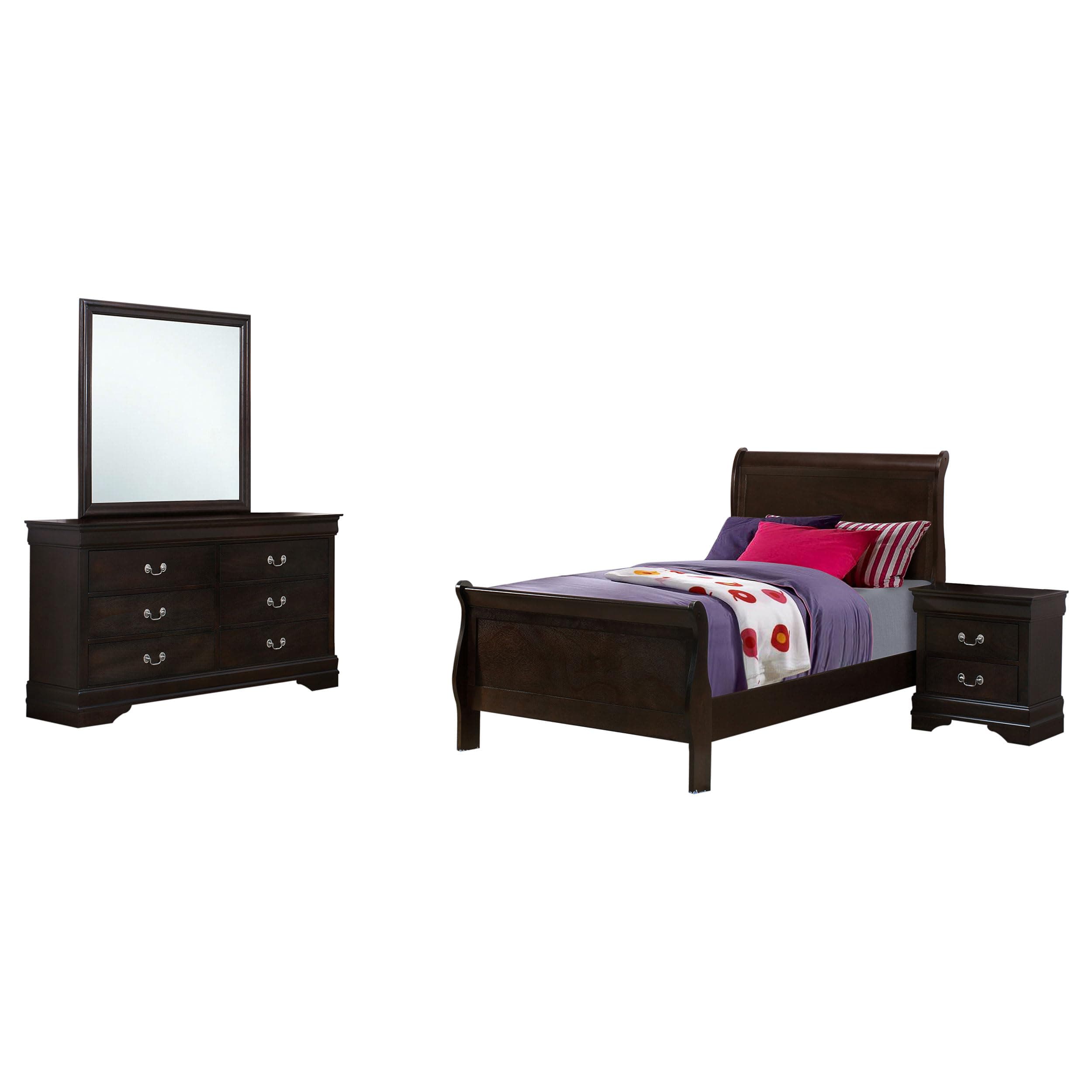 Coaster Home Furnishings Louis Philippe 4-piece Bedroom Set Twin Size Traditional Wooden Sleigh Bed Frame 47-Inch Panel Headboard Nightstand Dresser and Mirror Cappuccino Brown 202411T-S4