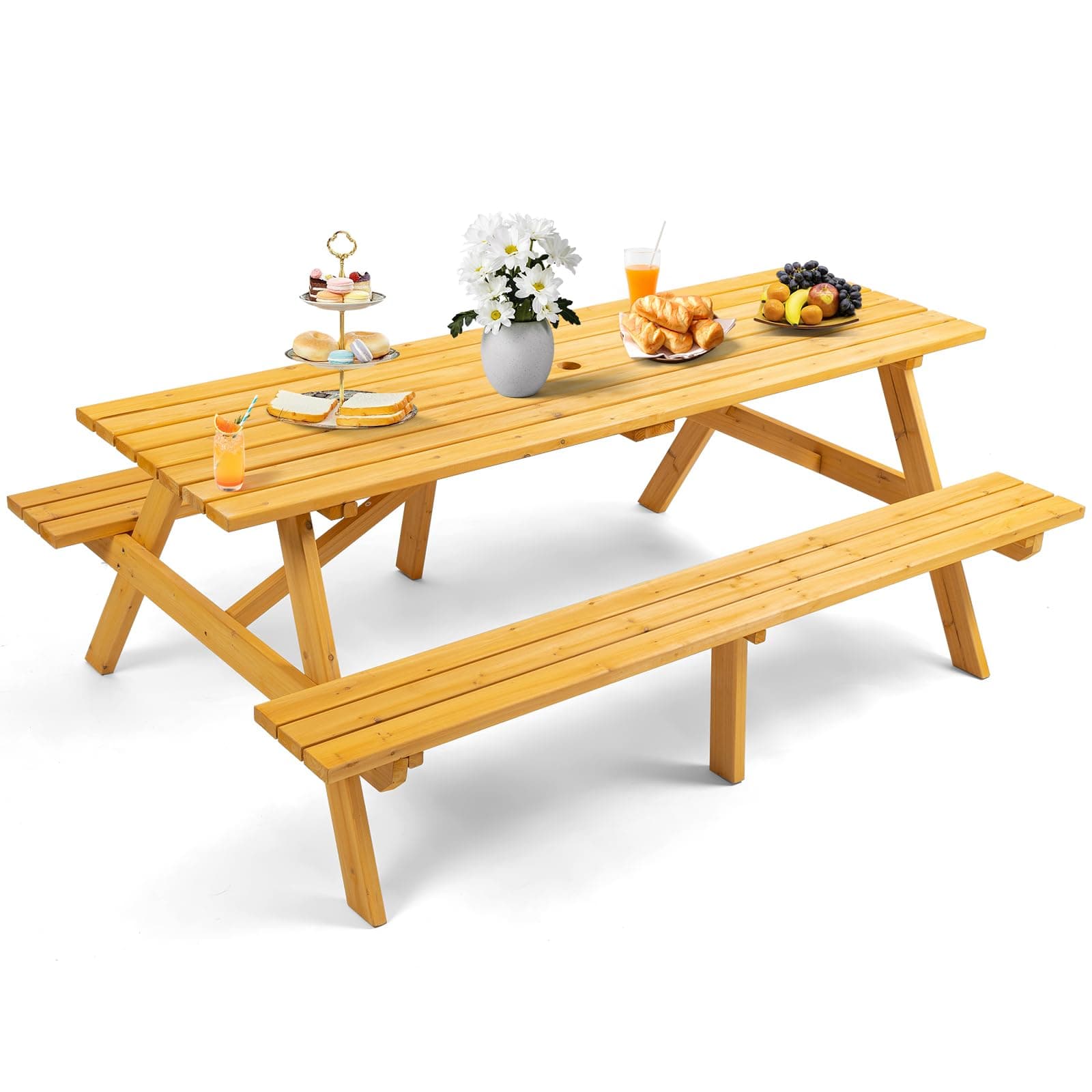Zevemomo 8 Person Wood Picnic Table, Rectangle Tabletop with Umbrella Hole, 2 Built-in Long Benches, 2220LBS Total Capacity for Patios, Backyard, Light Wood