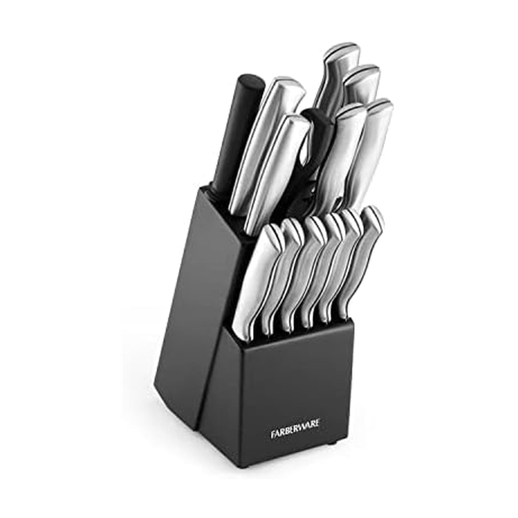 Farberware 15-Piece Kitchen Knife Set, High-Carbon Stainless Steel Blades with Wood Block, Steak Knives, Sharpening Tool & All-Purpose Shears, Razor Sharp, Ergonomic Stainless Steel Handles