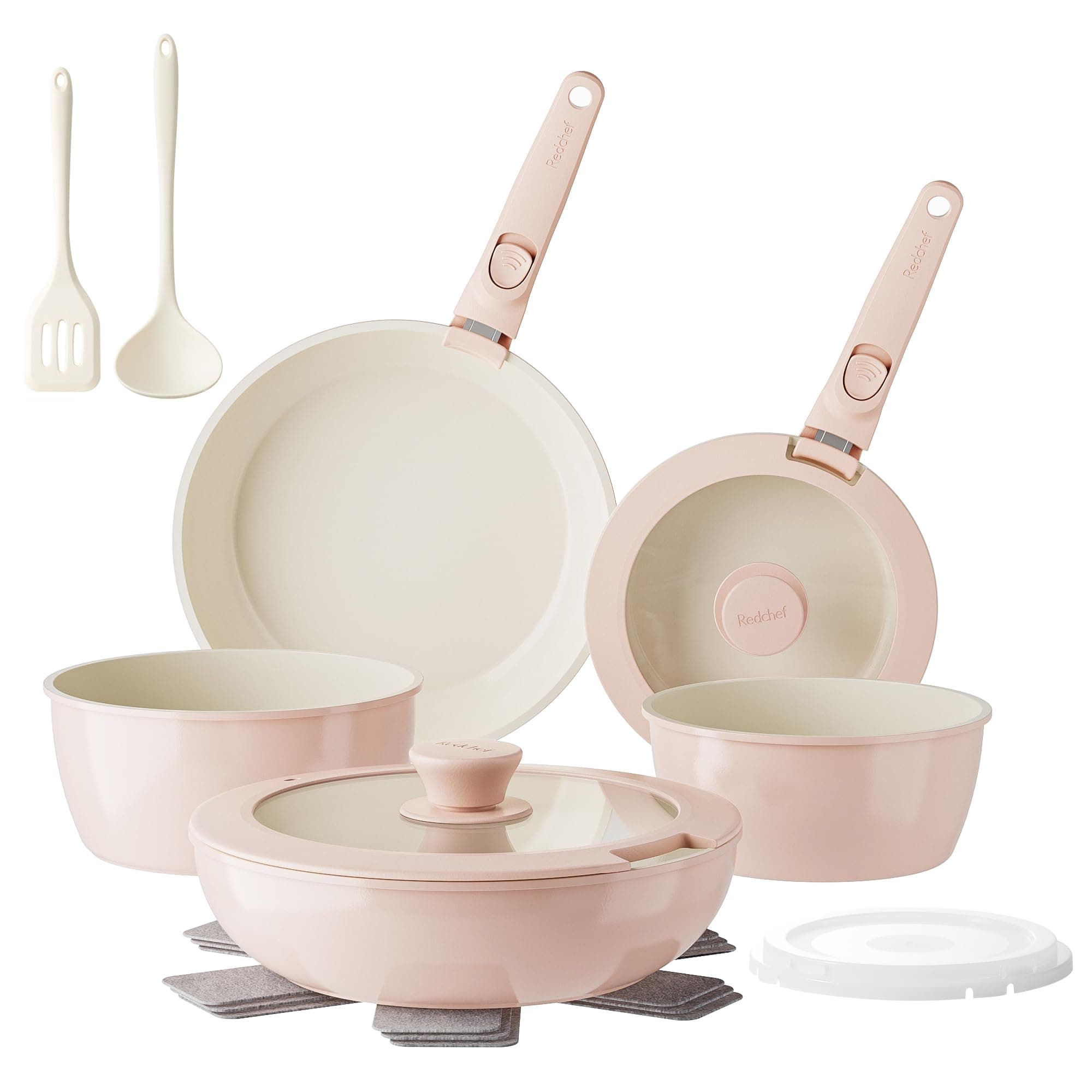 Redchef Pans and Pots Set Nonstick, 16Pcs Ceramic Cookware Set Cooking Set | Non Toxic RV Kitchen Set, Stay-Cool Detachable Handle, Space Saving, Induction Dishwasher Oven Safe, FAS/PFOA/PTFE Free, Pink