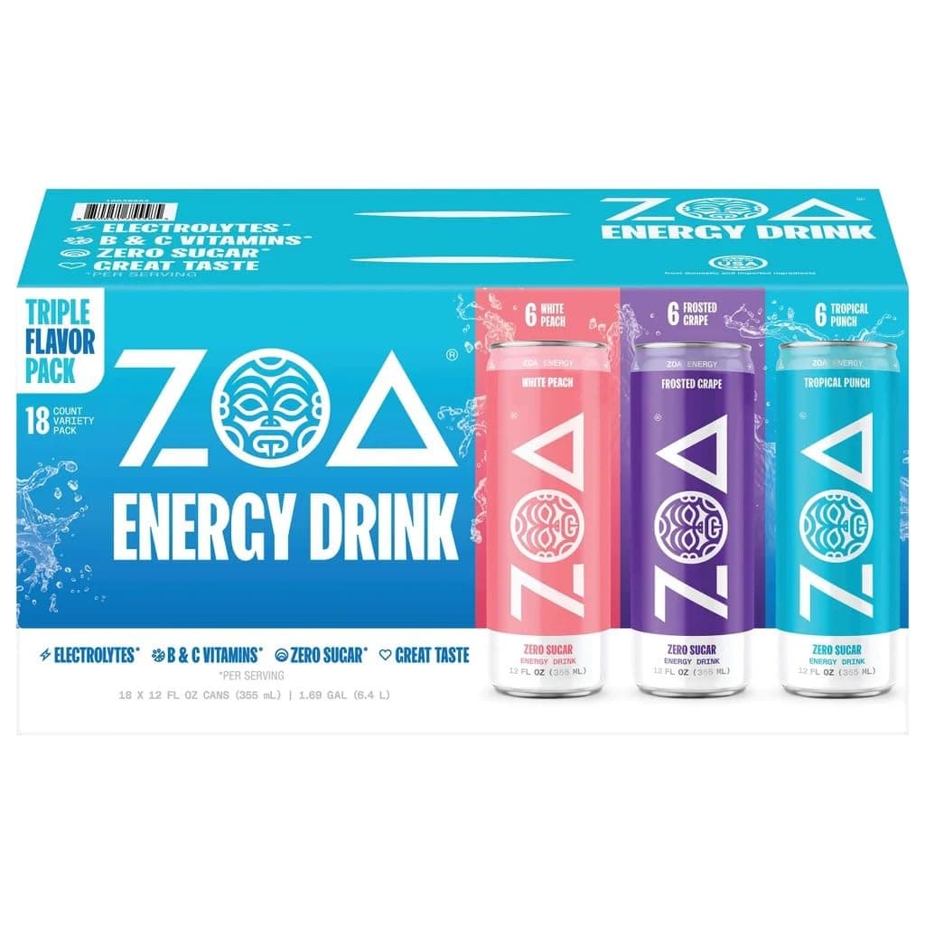 ZOA Zero Sugar Energy Drink Variety Pack, Sugar Free with Electrolytes, Healthy Vitamin C, Amino Acids, Essential B-Vitamins, and Caffeine from Green Tea, 18 12 oz cans, White Peach, Tropical Punch, Frosted Grape | White Peach, Tropical Punch, and Frosted Grape flavors, with Electrolytes, Vitamins B and C, 160 mg of Plant Based Caffeine