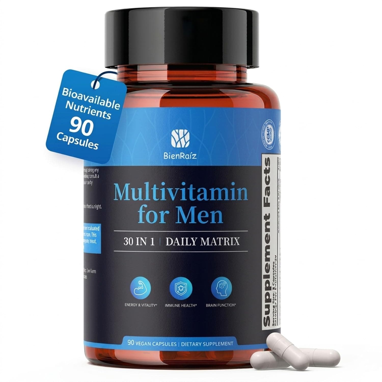 BienRaíz Men's Multivitamin CoQ10 & PQQ 90 Capsules | Men's Multivitamin with CoQ10, PQQ, 5-MTHF Folate, K2 MK-7, Chelated Zinc and Magnesium. 90 Capsules, 30-Day Supply.