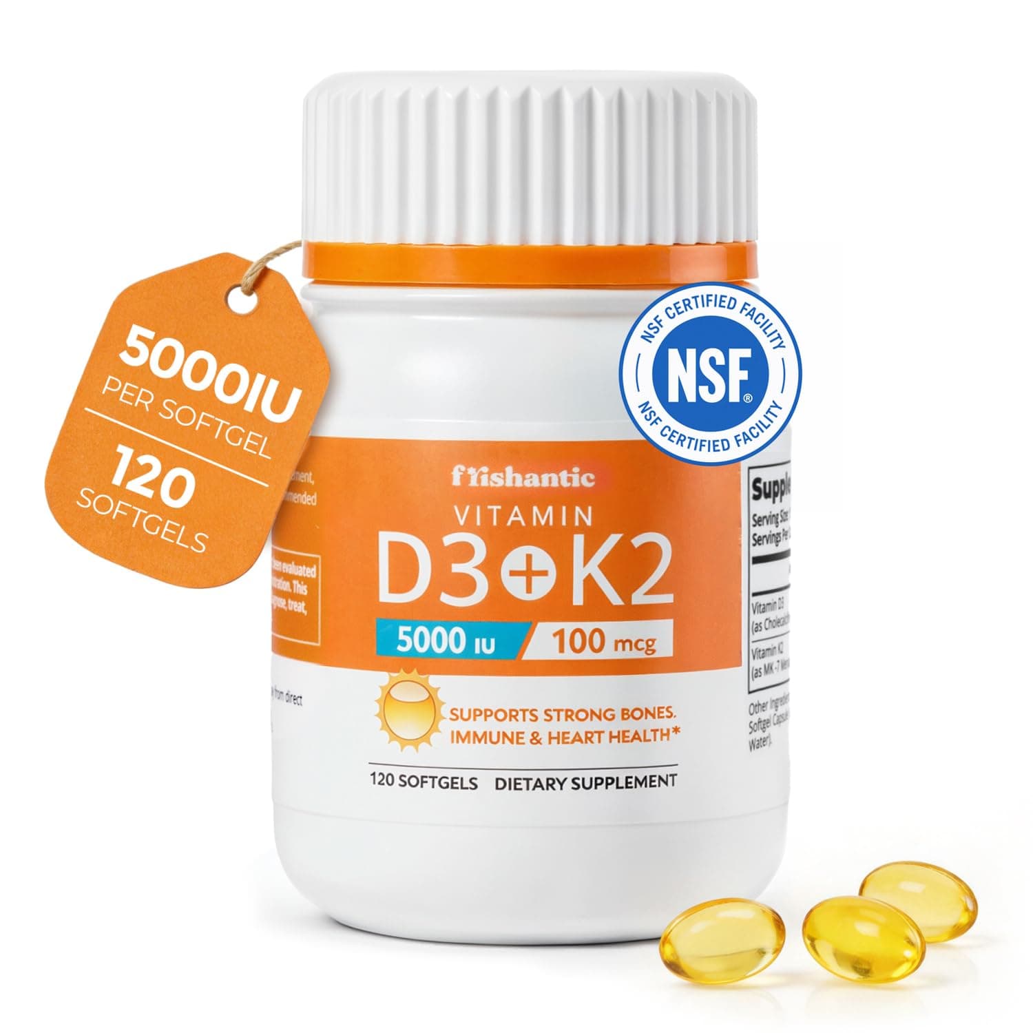 Frishantic Vitamin D3 K2 5000IU, Bone & Immune Support, 120 Softgels | MK-7 100mcg for Calcium Directing, Easy-Swallow, Sunflower Seed Oil, 13-Allergen Free, Non-GMO, 4-Month Supply