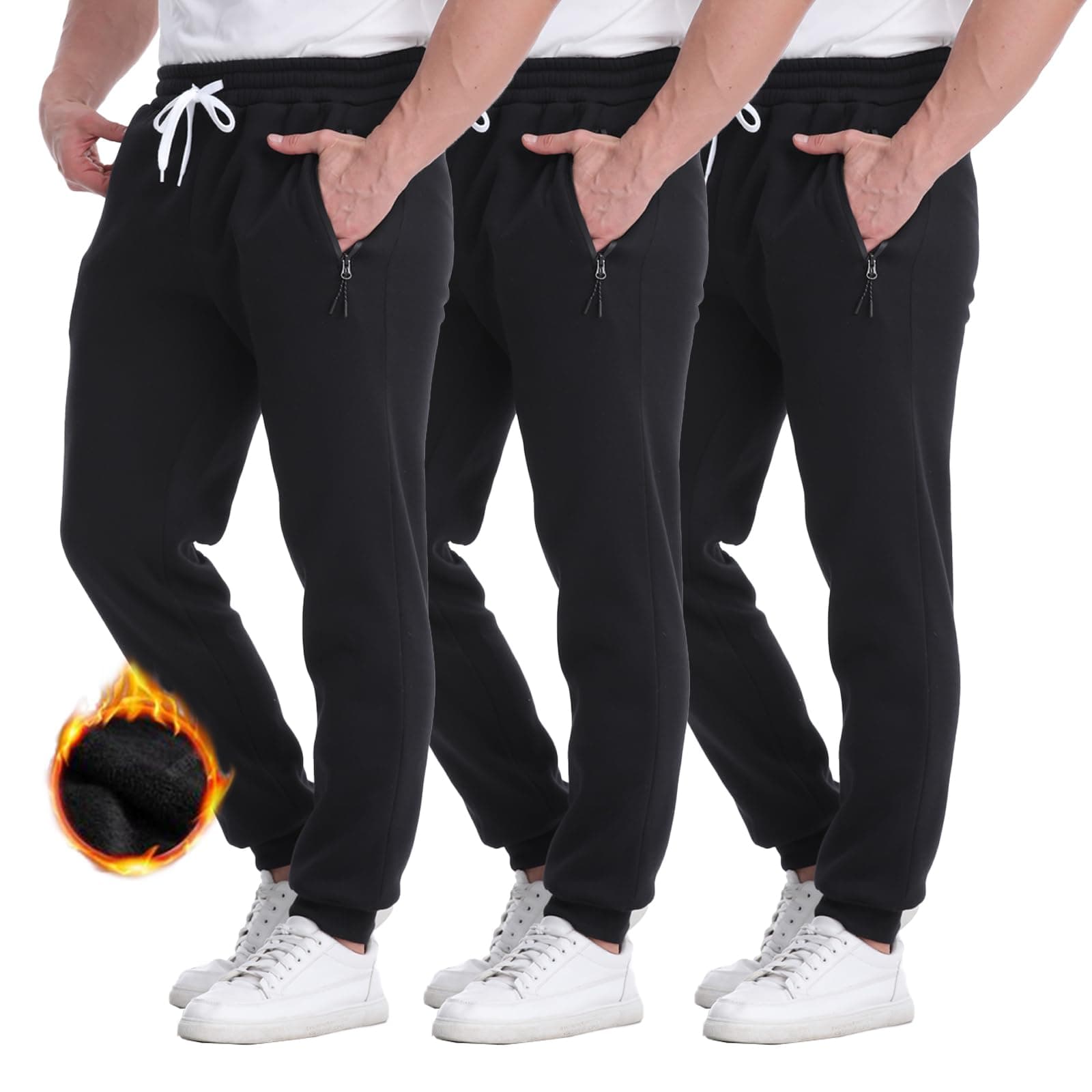 Mens Joggers Sweatpants,3 Pack Fleece Sweat Pants with Pockets/Zipper Pockets Athletic Workout Gym Joggers for Men