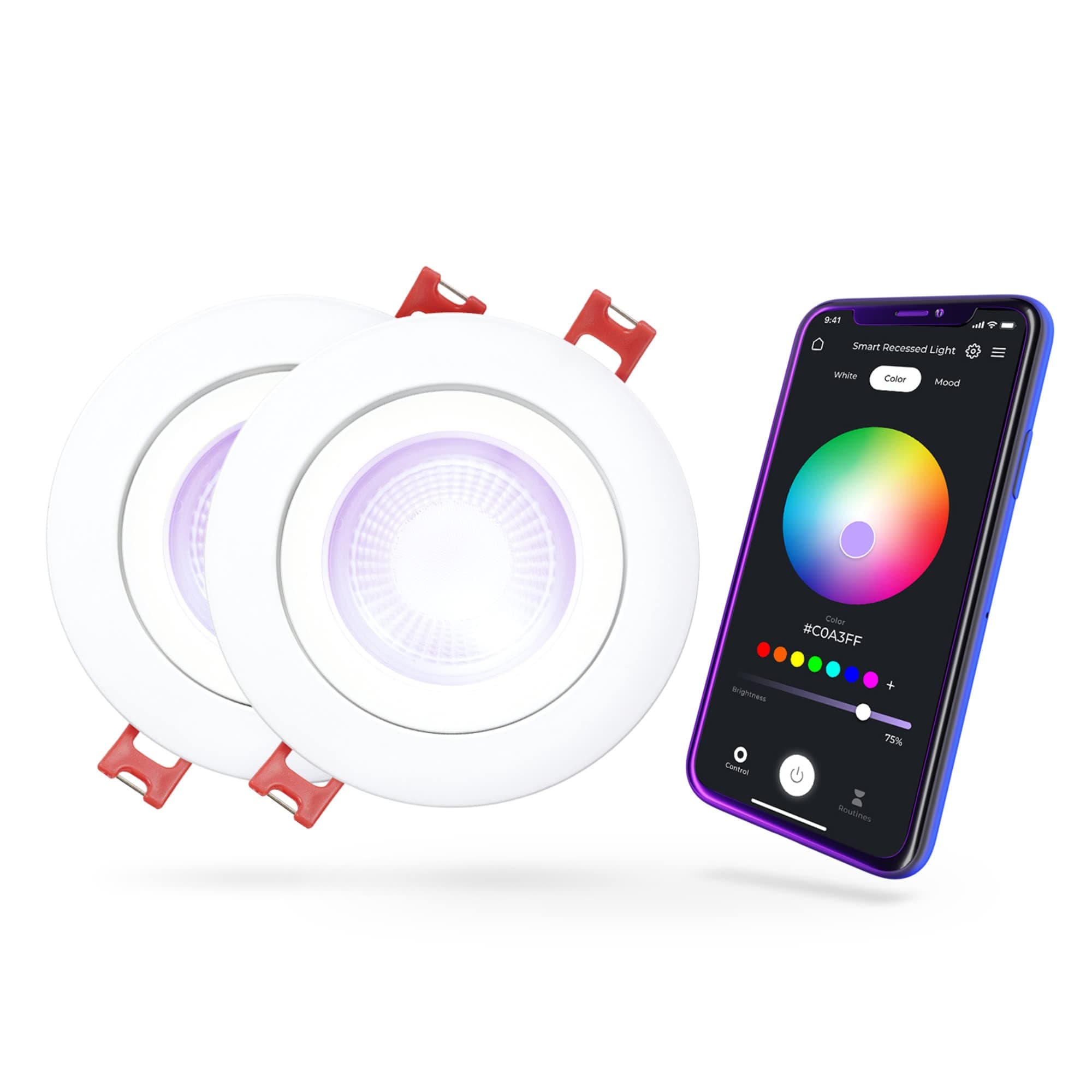 Globe Electric 50467 Wi-Fi Smart 4" Swivel LED Recessed Lighting Kit 2-Pack, No Hub Required, Voice Activated, 9 W, Multicolor Changing RGB, Tunable White 2000K - 5000K, 540 Lumens, Wet Rated