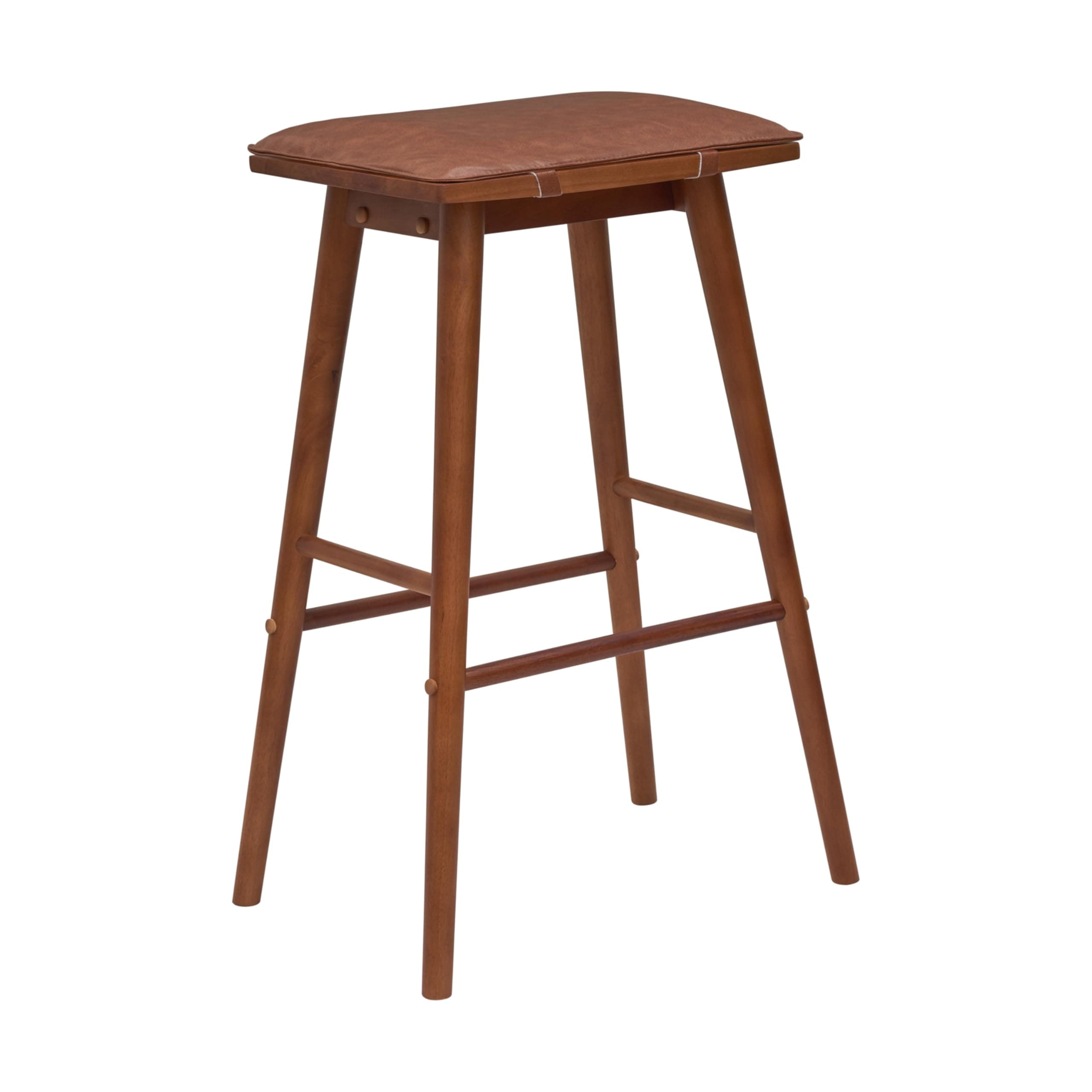 JONATHAN Y Peroni Saddle Backless Bar Stool, 30.5", Chestnut Brown | Removable Vegan Leather Cushion, Integrated Foot Rest, Mid-Century Modern Kitchen Island Seating, Solid Rubber Wood