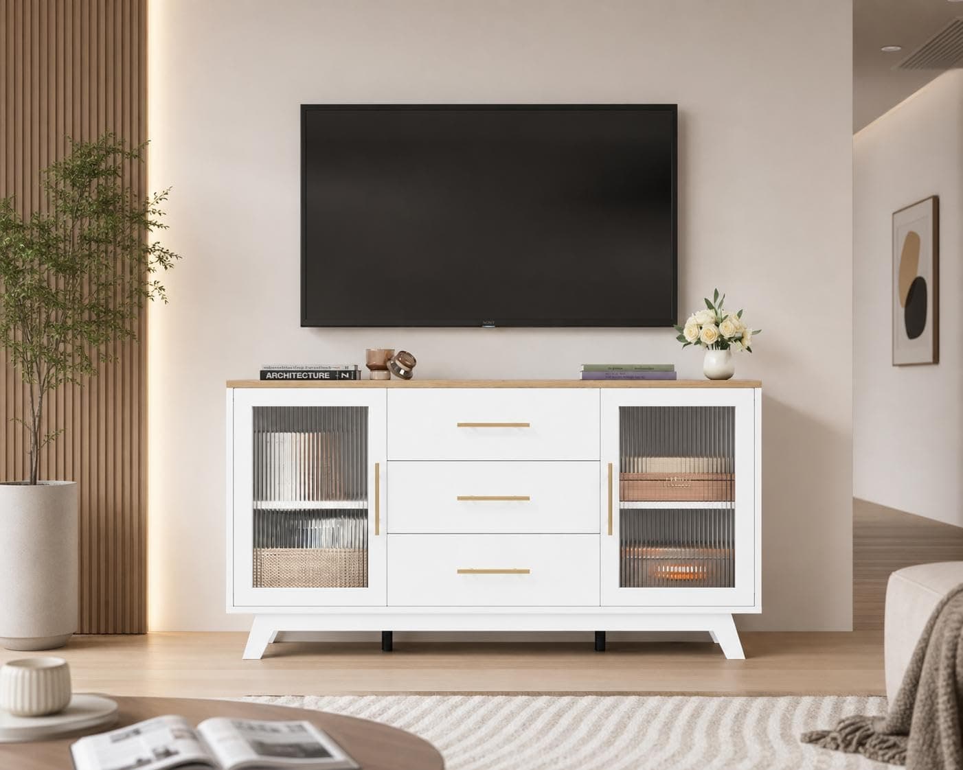 56" Modern Buffet Cabinet with Fluted Glass Doors & Gold Handles, Elegant Sideboard Storage & TV Stand w/Adjustable Shelves for Dining Room Kitchen Living Room, White+Wood