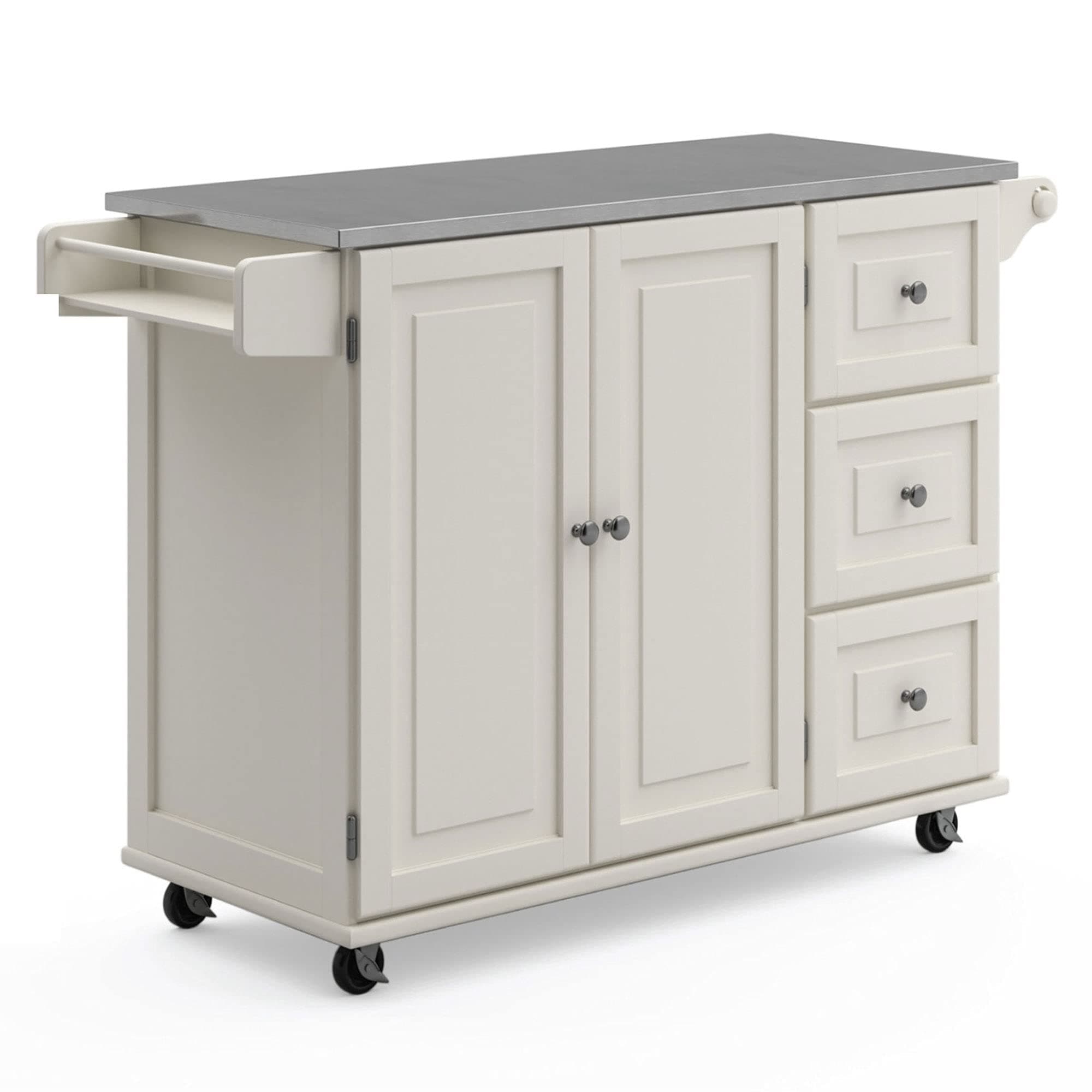 53.5" Kitchen Island Cart with Storage, Rolling Kitchen Cart on Wheels with Stainless Steel Top, Mobile Prep Station with Drawers, Cabinets, Adjustable Shelves & Towel Rack, Solid Wood, Off White