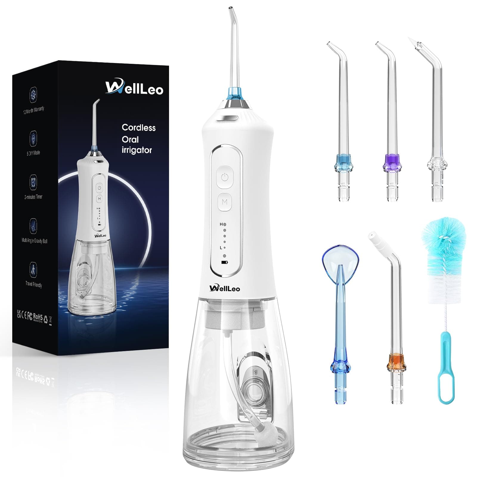 WellLeo Water Flosser for Teeth, 300ML Cordless Oral Irrigator Rechargeable Dental Flosser Picks with 5 Modes 5 Jet Tips,IPX7 Waterproof Teeth Cleaner for Braces Gum Care, Home Travel Use