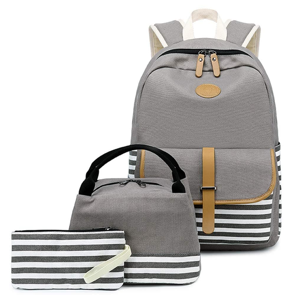 Joyfulife School Backpack for Girls Lightweight Canvas Stripe Bookbags Teens Backpack with Lunch Box Pencil Bag