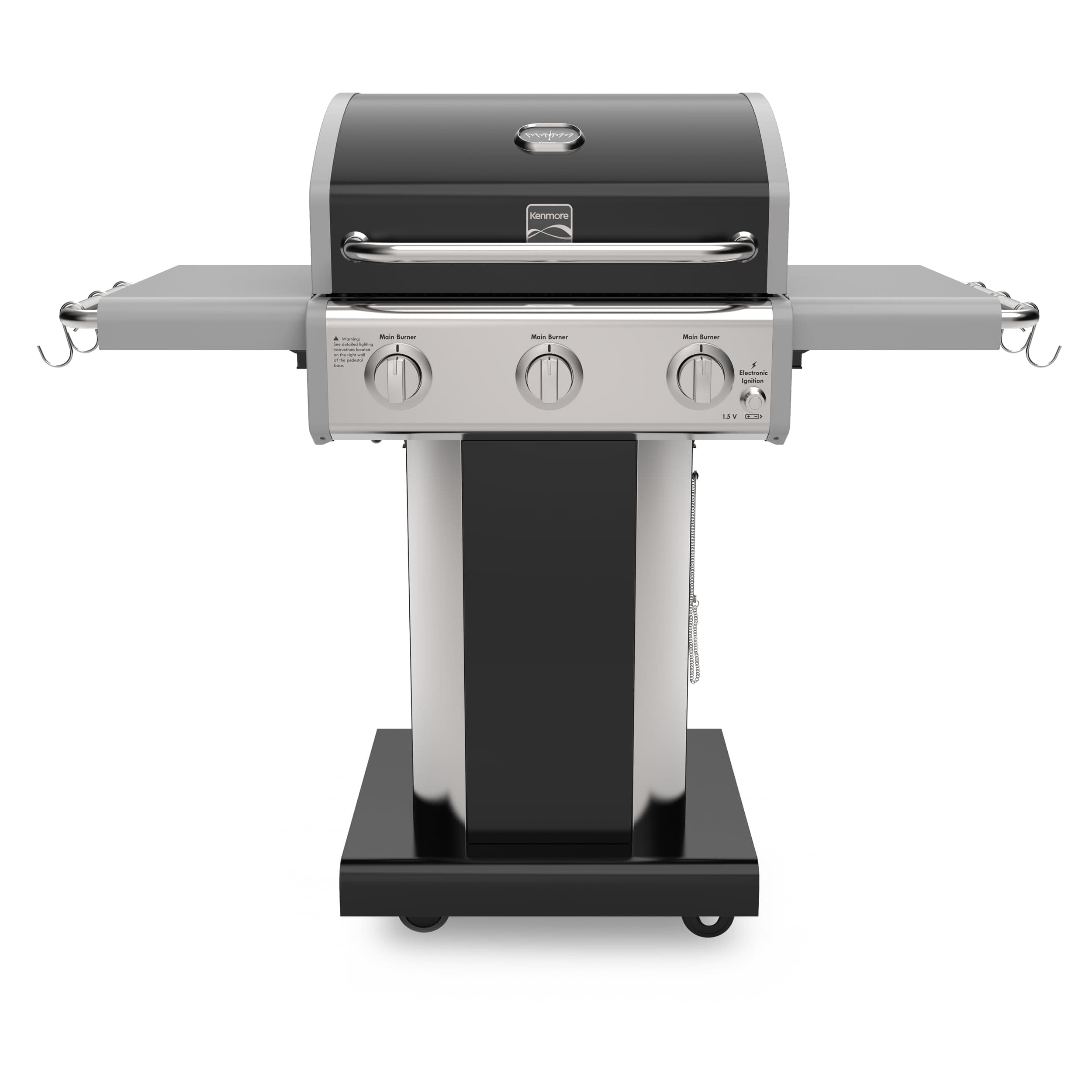 Kenmore 3-Burner Propane BBQ Grill, 30,000 BTUs Gas Grill with Cast Iron Cooking Grates, Folding Side Tables & Wheels, Outdoor Grill with Tool Hooks, Black
