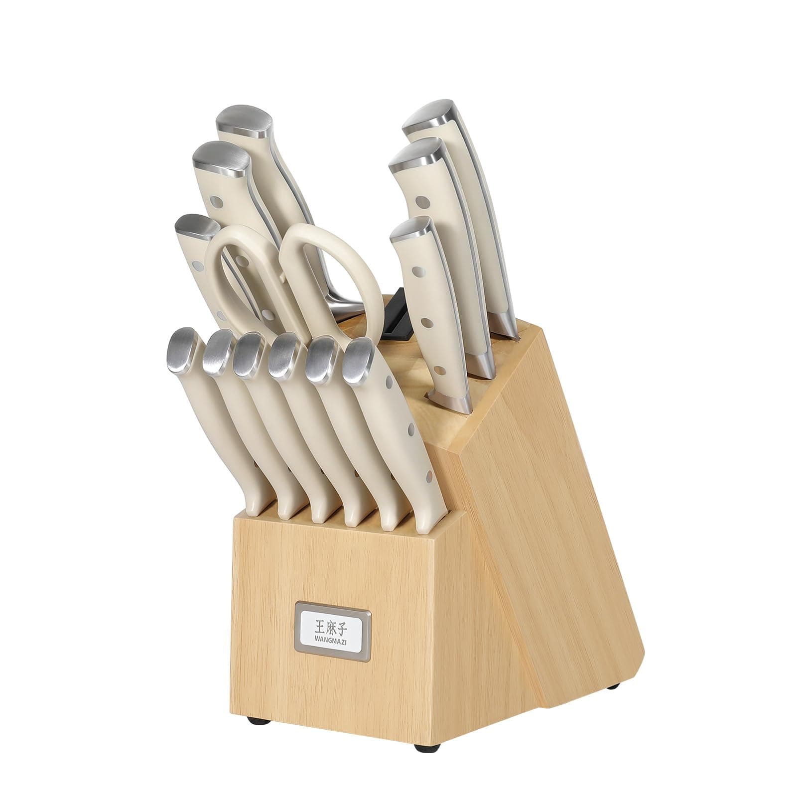 WANGMAZI 15-Pcs Knife Set, High Carbon Steel Ultra Sharp, Natural Pro | Forged Stainless Steel Chef Knives, Elegant Knife Block Set, Dishwasher-Safe & Razor-Sharp