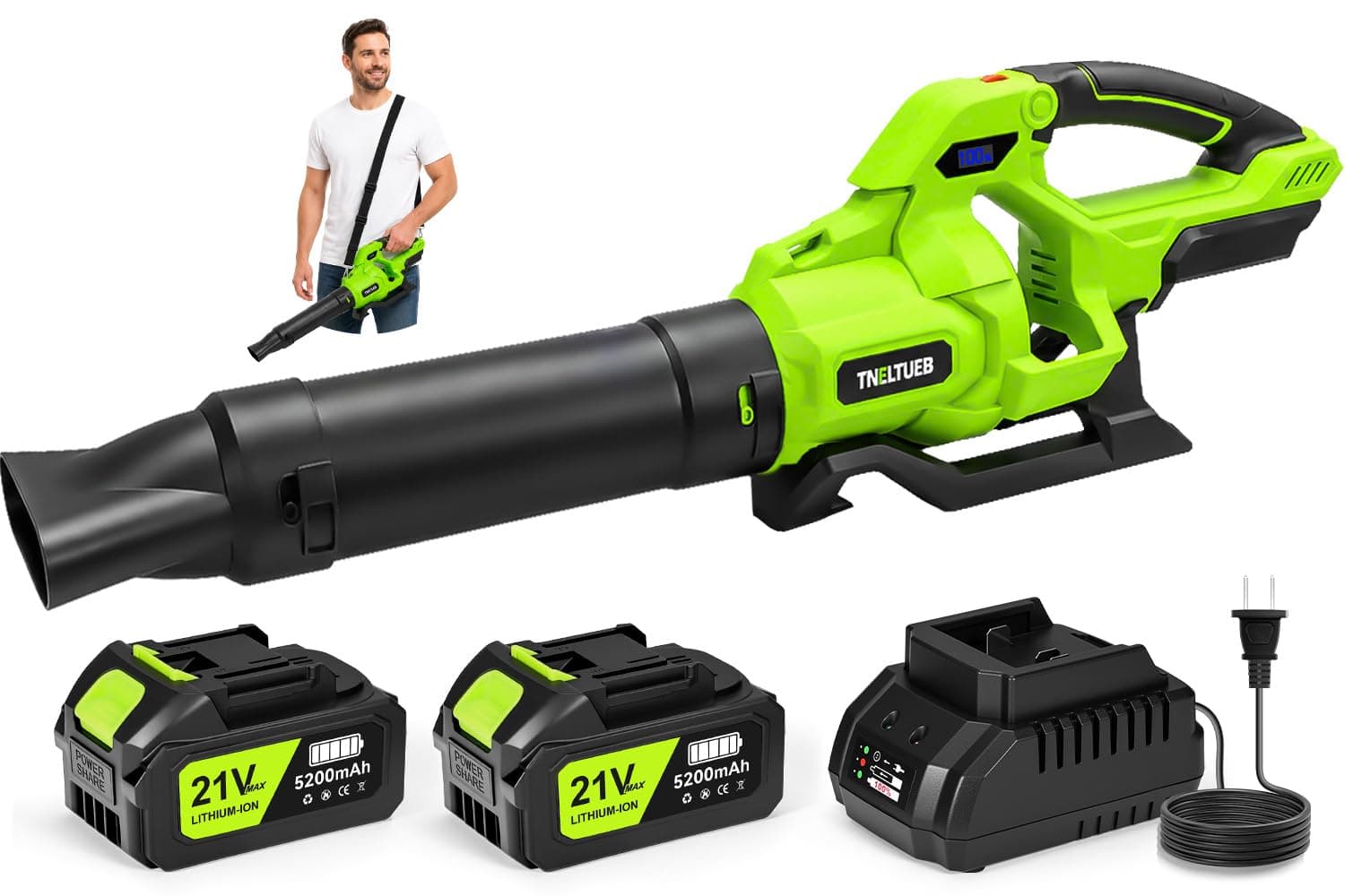 Leaf Blower, Handheld Electric Leaf Blower with 5 Speed Modes, Green | Leaf Blower Cordless with 2x5.2Ah Batteries and Charger, Adjustable Shoulder Strap, Snow Blowers for Lawn Care, Patio, Dust