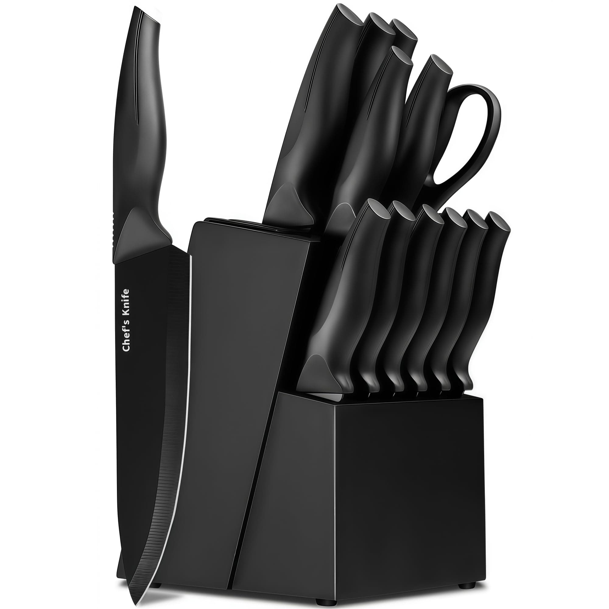 LINHAO 14-Piece Black Kitchen Knife Block Set with Built-In Sharpener | German high-carbon stainless steel blades, dishwasher safe, ultra-sharp edges, ergonomic non-slip handles
