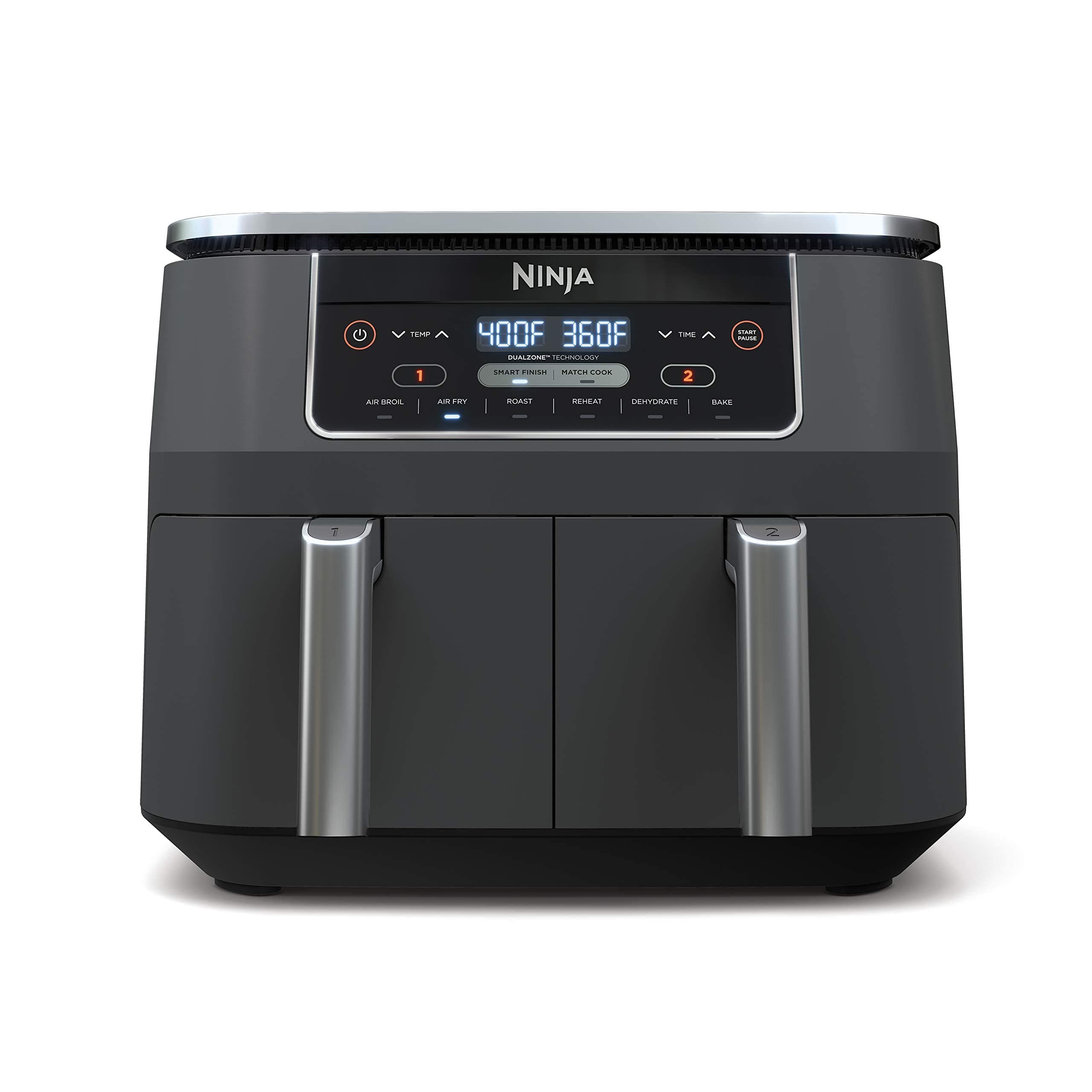 Ninja DZ201 Foodi 8 Quart 6-in-1 DualZone 2-Basket Air Fryer, Match Cook and Smart Finish to Roast, Broil, Dehydrate for Quick Easy Meals, Grey