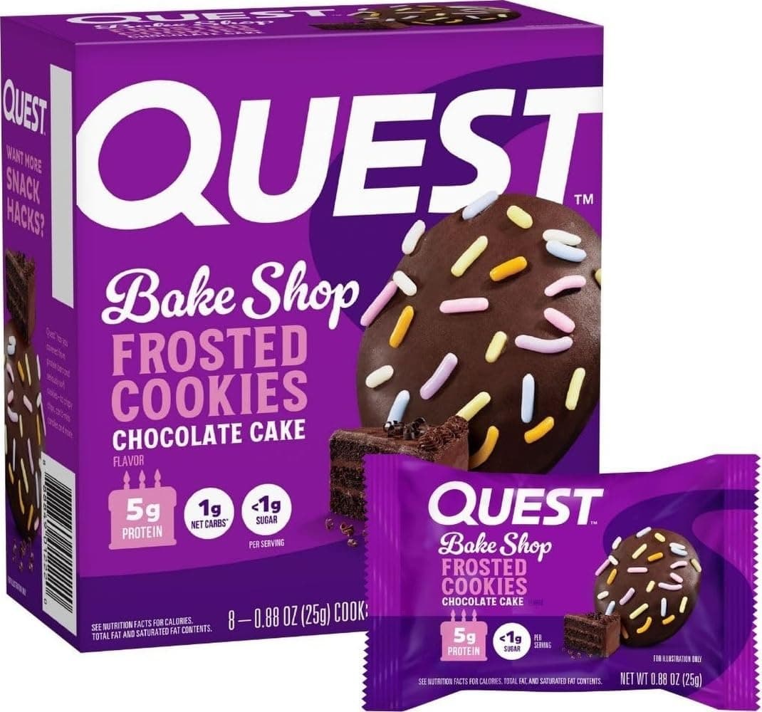 Quest Nutrition Frosted Protein Cookies, Chocolate Cake Flavored, 8 Count | Less Than 1g Sugar, 5g Protein, 1g Net Carbs, Gluten Free, Soft & Chewy, 8ct Box of Individually Wrapped 0.88oz Cookies