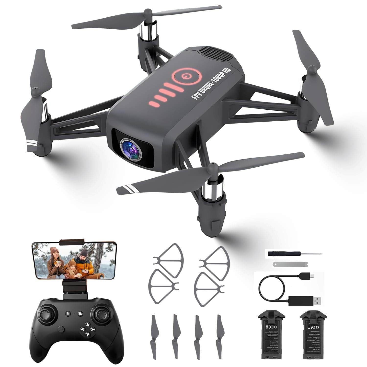 Drone with Camera for Kids 1080P HD FPV Foldable Drone for Adults & Beginners, Mini Drone for kids, RC Quadcopter with 2 Batteries, Gravity Control, One Key Take Off/Land, 360° Flip, Waypoint Fly (Grey)
