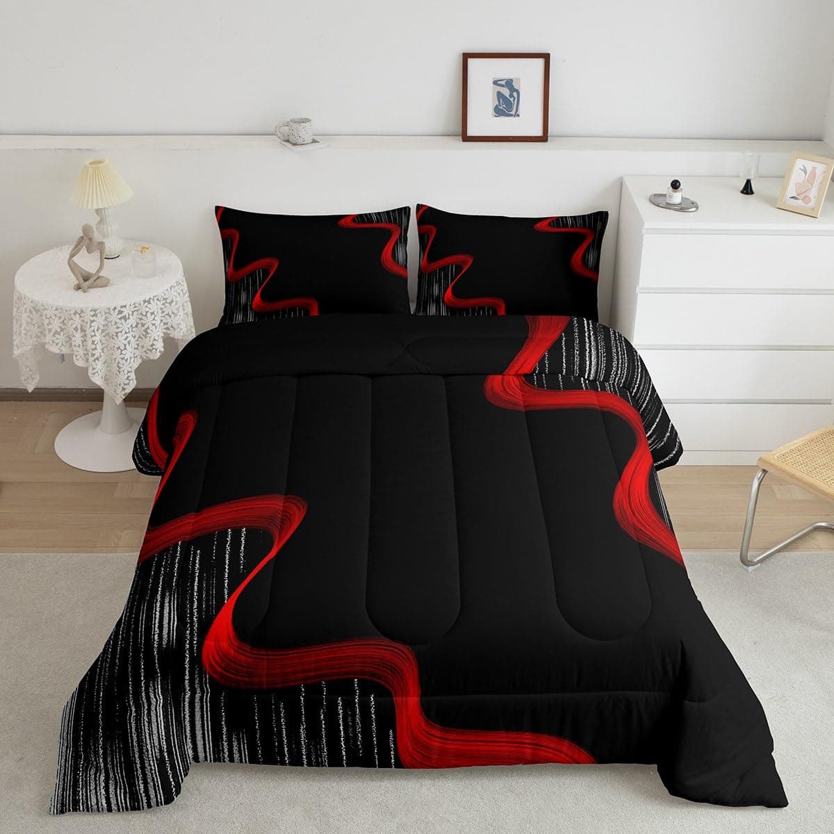 Feelyou Red and Black Bedding Set King Size Strip Lines Comforter Set | Kids Boys Girls Decor Geometric Comforter Duvet Set