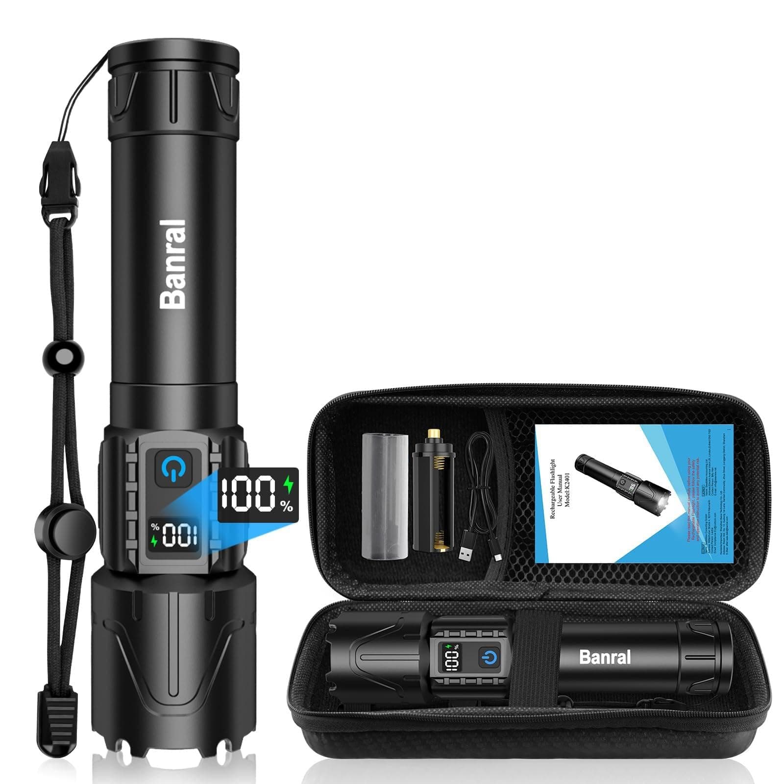 Tactical Flashlight Super Bright High Lumens Rechargeable LED Flash Light | 5000ft Beam, 5000mah, 20H Long Lasting, USB C Charging, Zoomable 5 Modes, Waterproof for Camping Hiking Emergency Men Gift