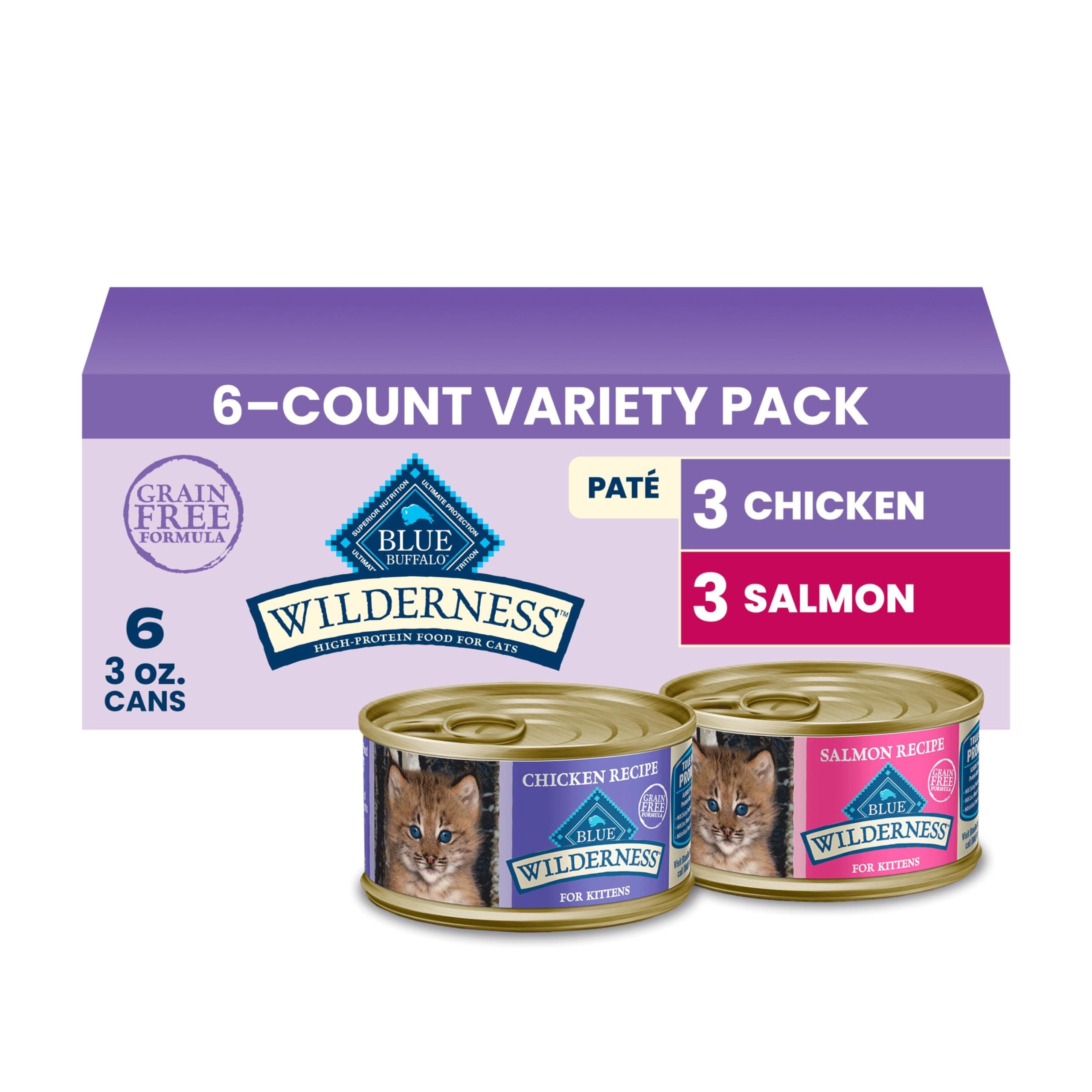 Blue Buffalo Wilderness Variety Pack Kitten Paté Wet Cat Food, 3 oz, 6 ct | High Protein, Chicken & Salmon Recipes (3 of Each), Grain-Free Recipe, DHA for Cognitive Development