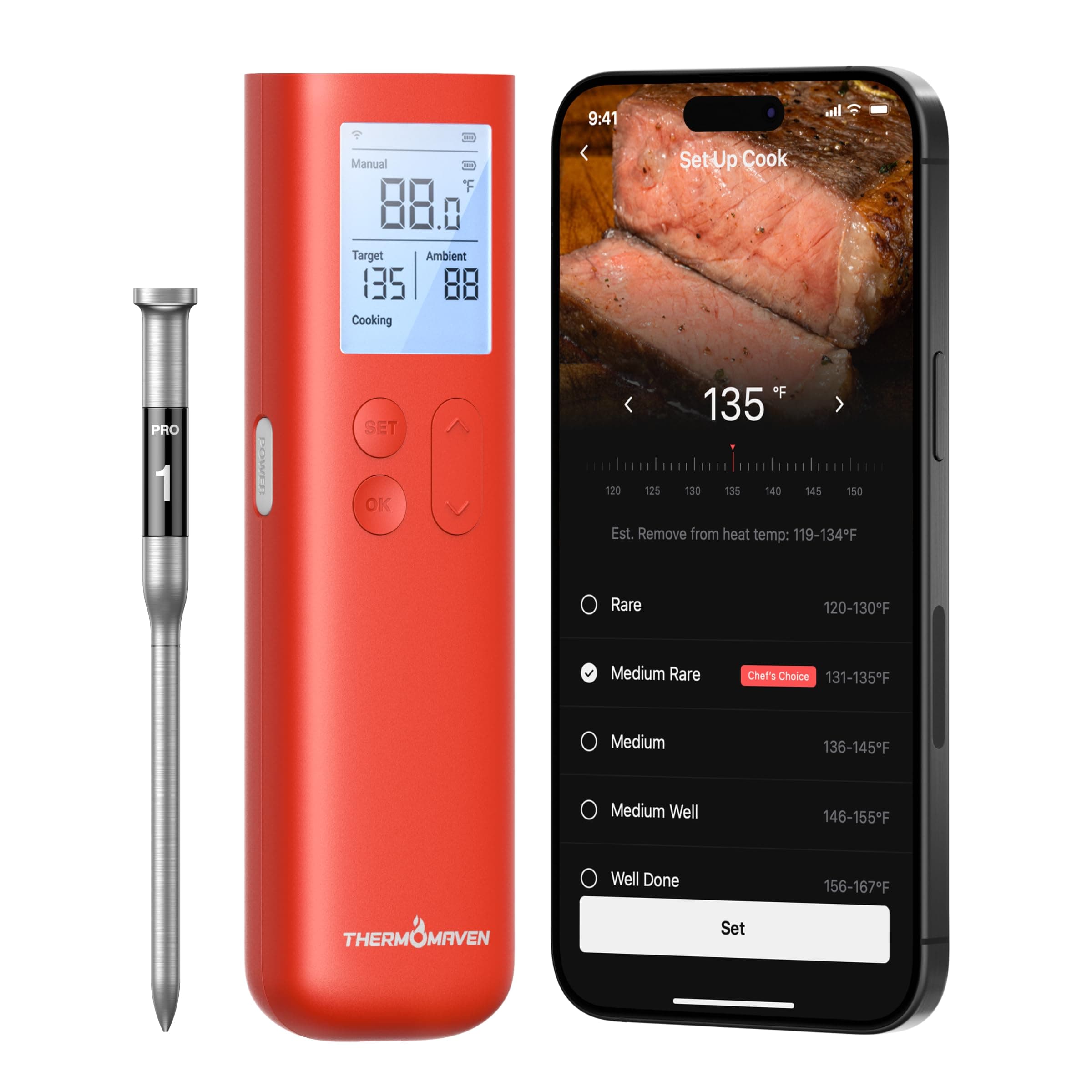 ThermoMaven Sub-1G Smart Wireless Meat Thermometer with Standalone Base | 10X Enhanced Signal and Stability, ±0.5℉ Certified Accuracy, WiFi Unlimited Range for BBQ, Oven, Smoker, Grill