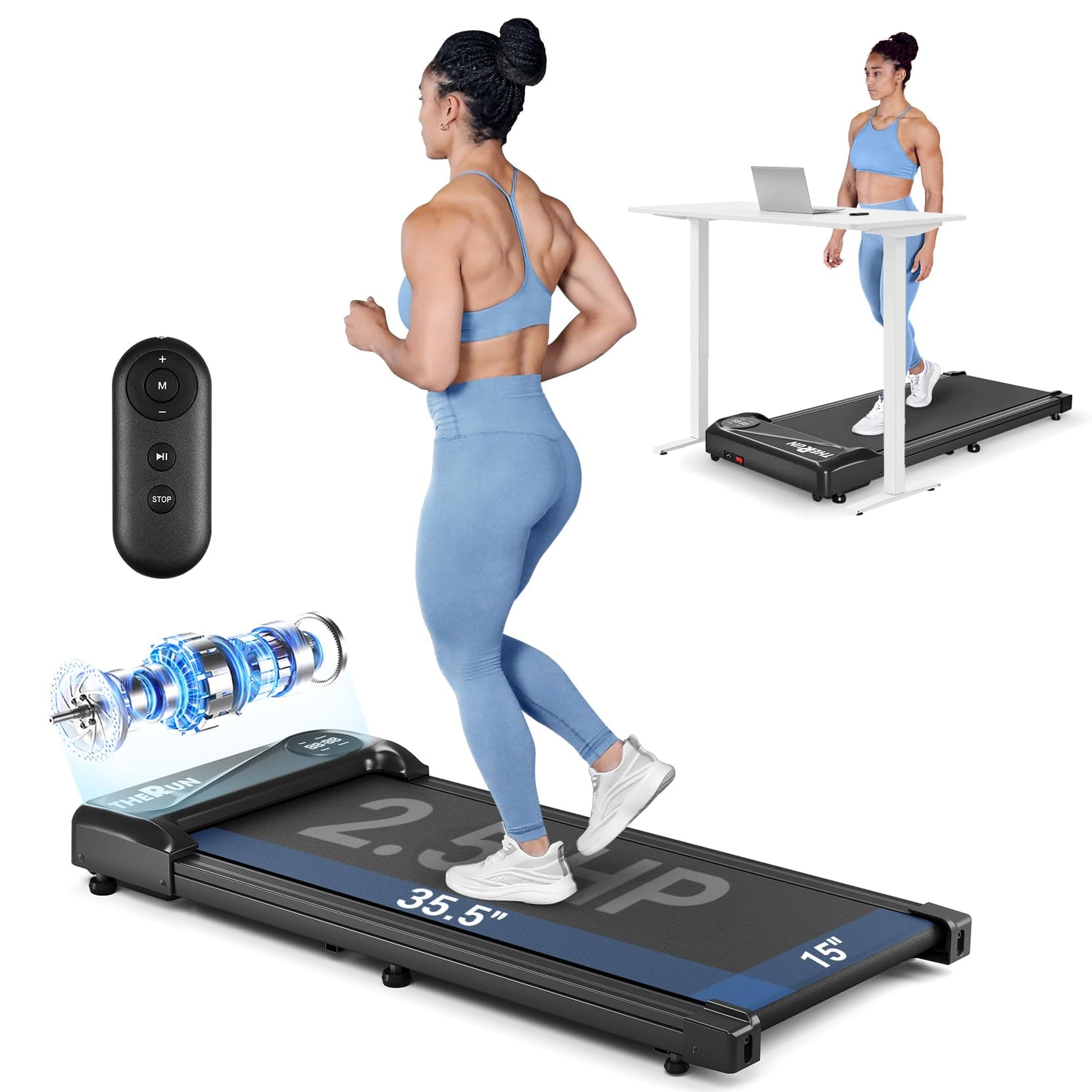 THERUN Walking Pad with 40" Longer Belt Under Desk Treadmill 300LBS Weight | 2.5HP, 300LBS, 0.6-3.8MPH, 40" Longer Running Belt, Portable, Remote Control, Adjust Speed,Easy to Use, Smart LED Display