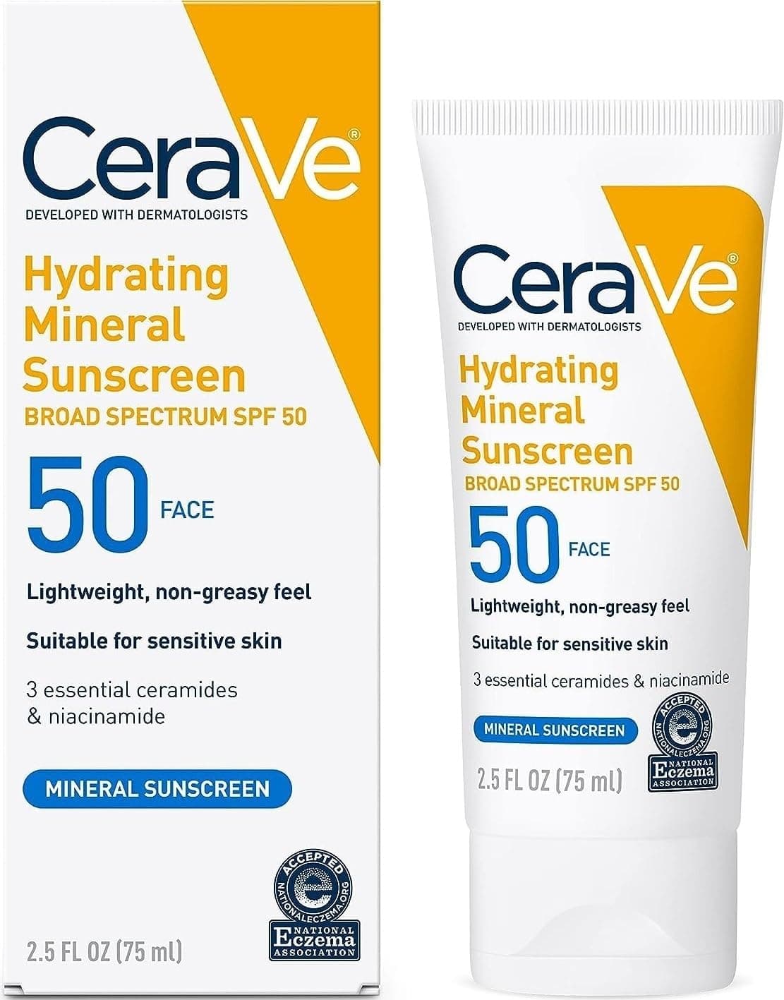 CeraVe Hydrating Mineral Sunscreen SPF 50 Face Sunscreen, Travel Size 2.5oz | Face Sunscreen with Zinc Oxide, Titanium Dioxide, Hyaluronic Acid, & Niacinamide For Broad Spectrum Protection
