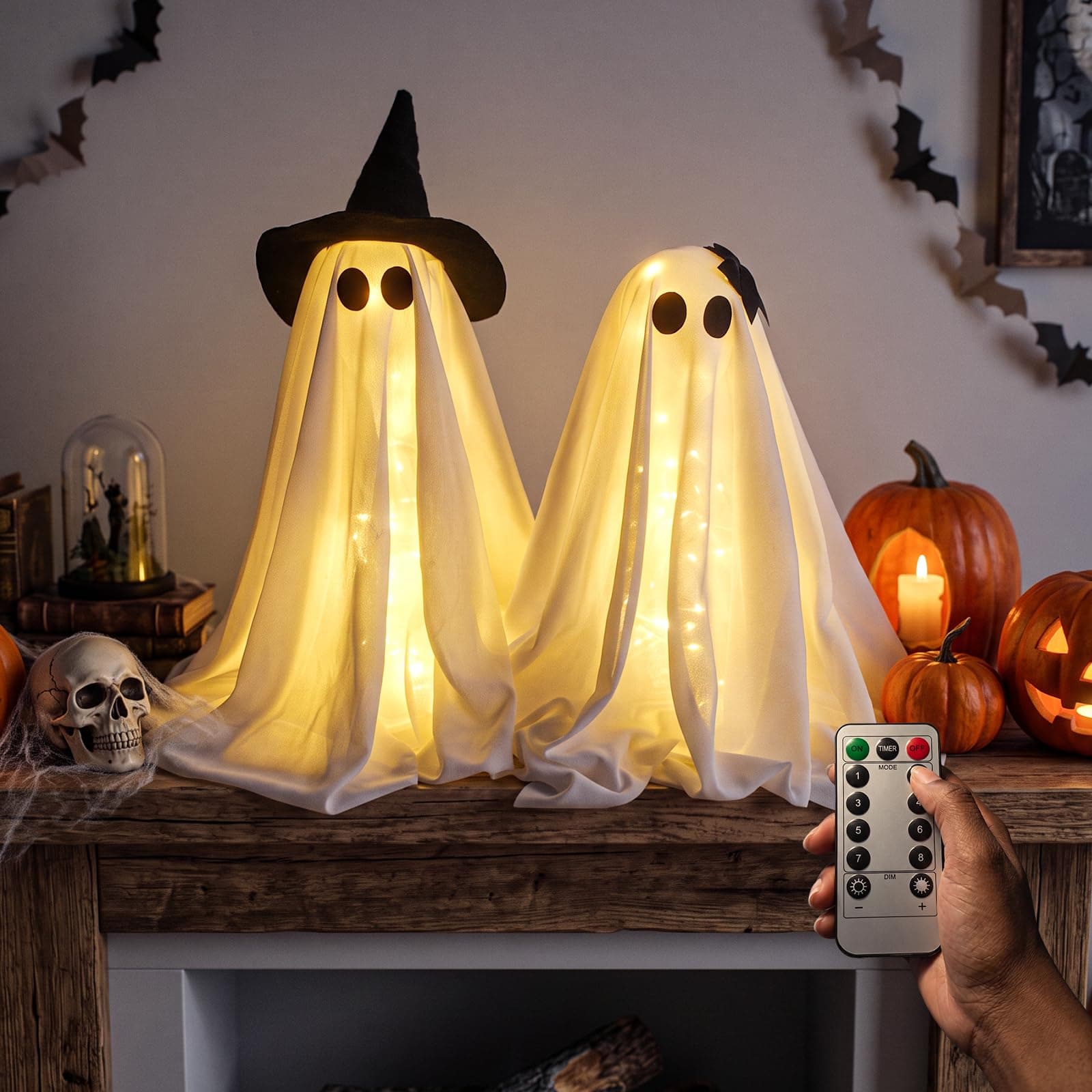 2 Pc Halloween Decoration Desk Bow Ghost Light Kit with Remote Timer 21 in | Small Floor Standing Cute Decor for Outdoor Indoor Table Home Room Porch, 8 Lighting Mode, Adjustable Height, Battery Powered