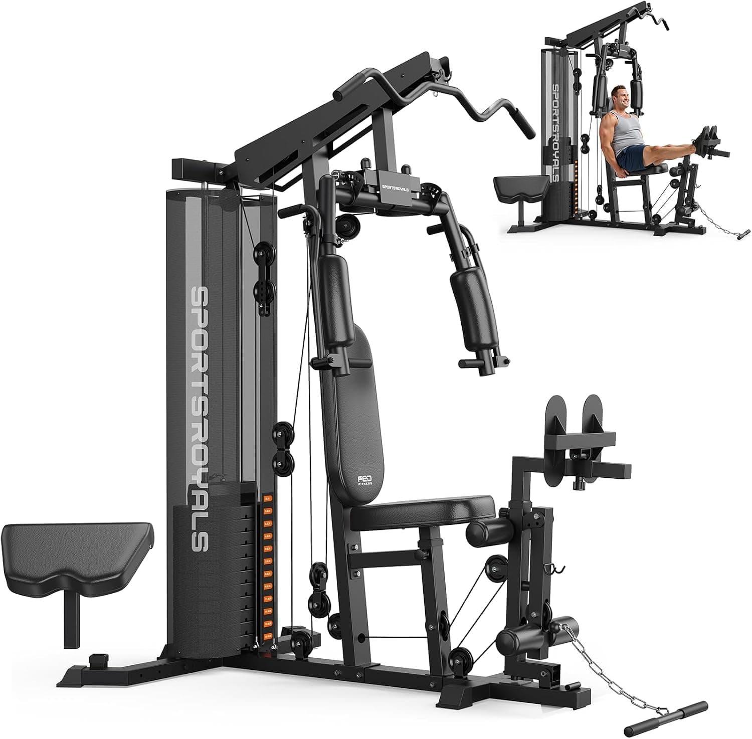 SPORTSROYALS Home Gym, Multifunctional Workout Station with Leg Press | 150LBS Weight Stack Full Body Workout Equipment for Home Exercise Fitness Strength Training