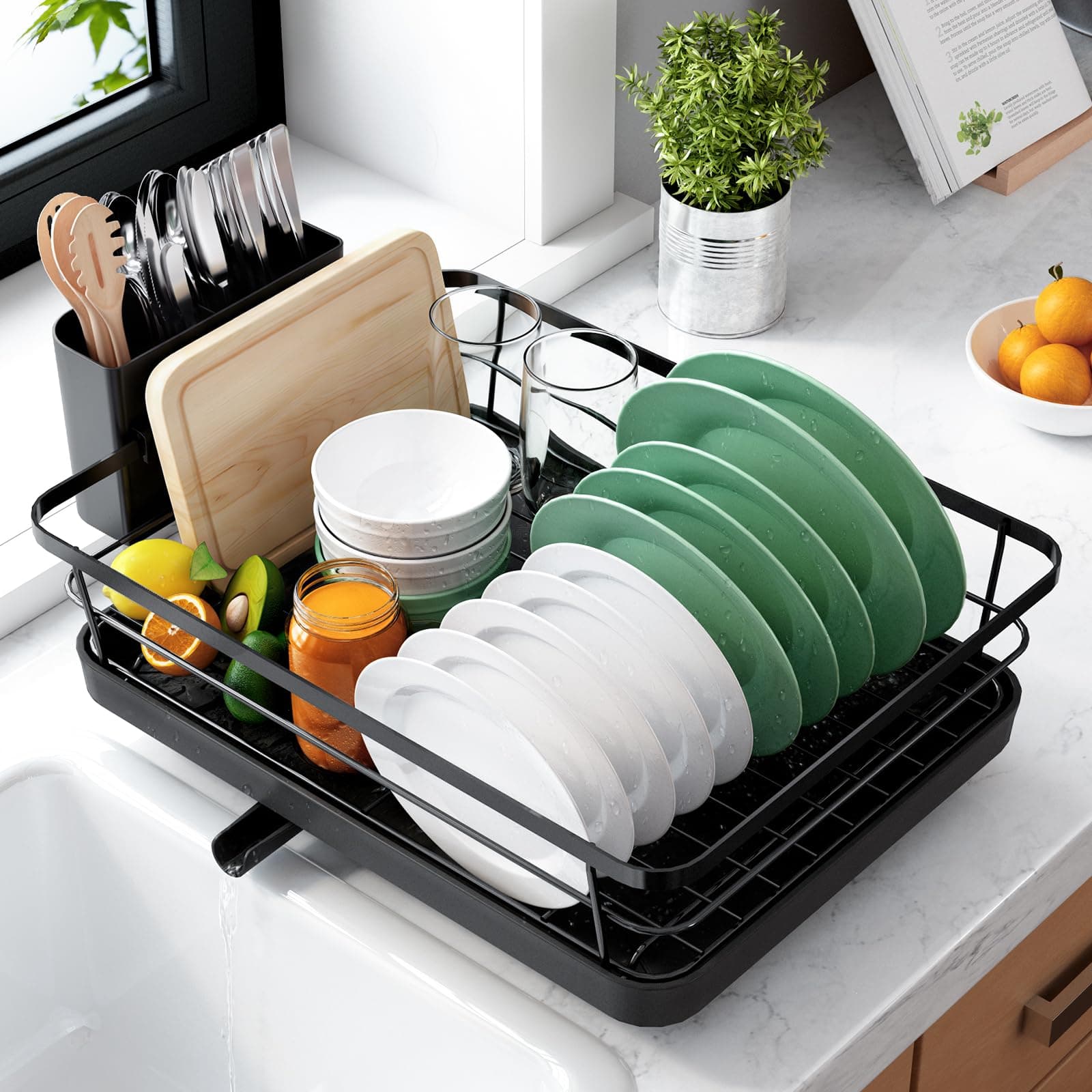 Kitsure Dish Drying Rack for Kitchen Counter, 12''W x 15.5''L, Black | Stainless Steel Sink Organization, Cutlery Holder, Home and Appartment Decor