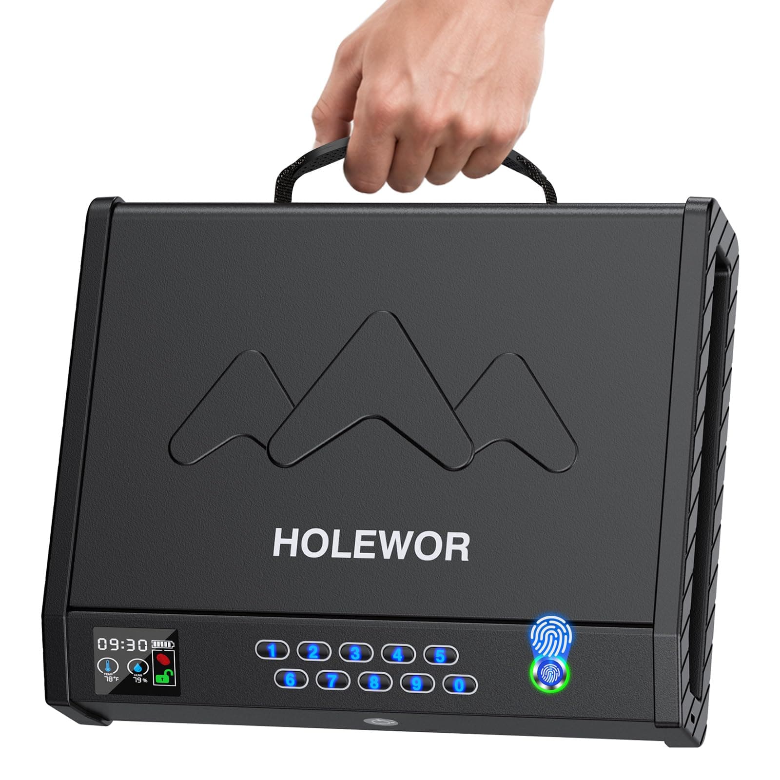 Handheld Portable Biometric Gun Safe for Handgun 3 Ways of Access | Fingerprint Pistol Safe Quick Access with LCD Temperature Humidity for Bedside, Travel, Car, Fit 2 Handguns